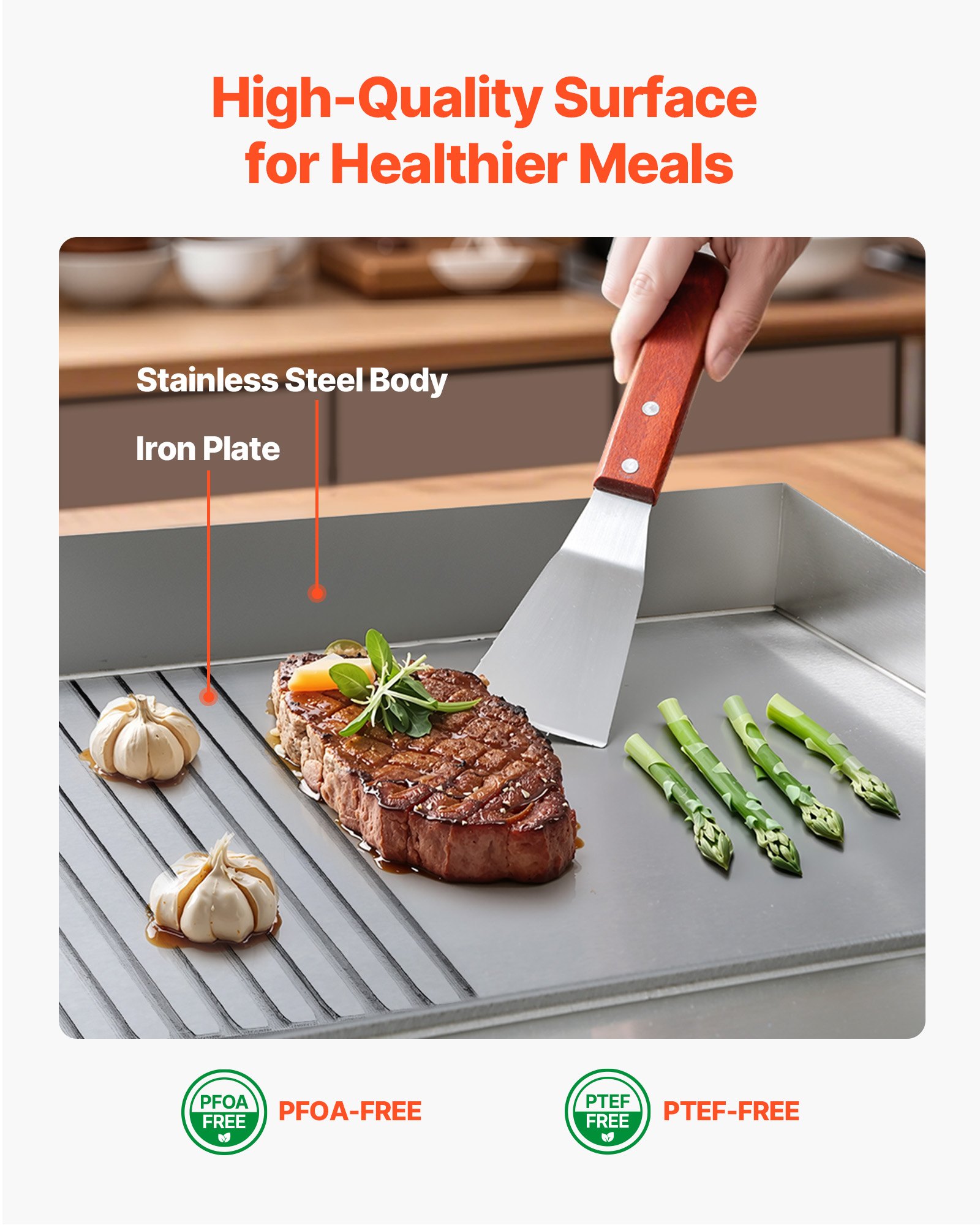 VEVOR Commercial Electric Griddle, 535 x 300 mm, 3200W, 50-300°C Adjustable Temp Control, Stainless Steel Body, Half Grooved Half Flat, with 2 Spatulas, 2 Brushes, and 4 Foot Pads, for Steak, Pancake