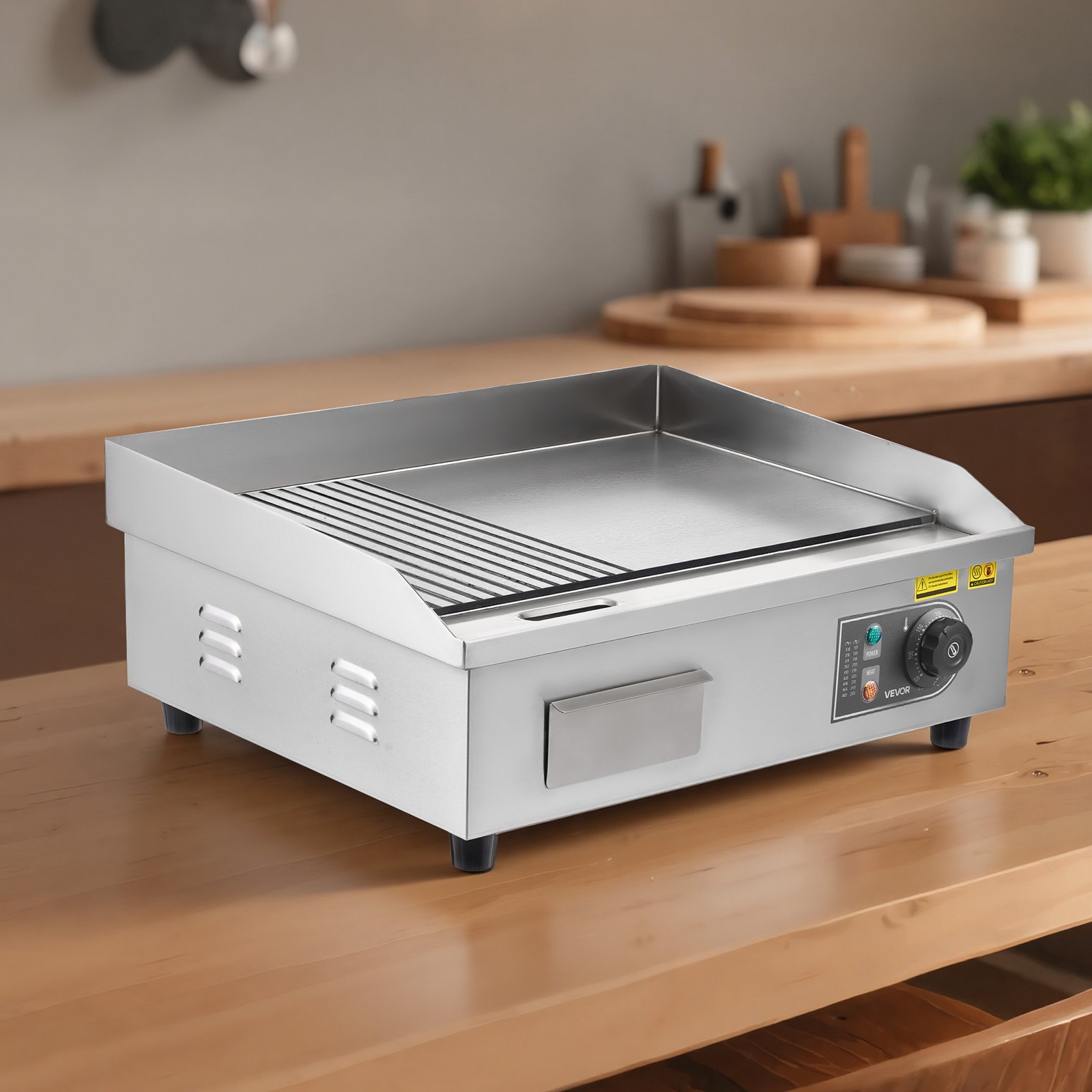 VEVOR Commercial Electric Griddle, 535 x 300 mm, 3200W, 50-300°C Adjustable Temp Control, Stainless Steel Body, Half Grooved Half Flat, with 2 Spatulas, 2 Brushes, and 4 Foot Pads, for Steak, Pancake