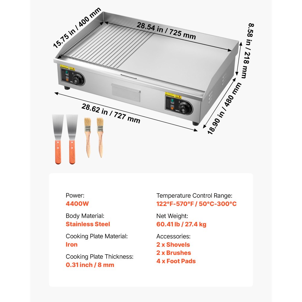 VEVOR Commerciële elektrische bakplaat 4400 W, tafelmodel grillplaat 725x400 mm grilloppervlak, 50–300 °C, elektrische grill, half geribbeld, half glad, met 2 spatels en 2 kwasten, voor steaks en pannenkoeken