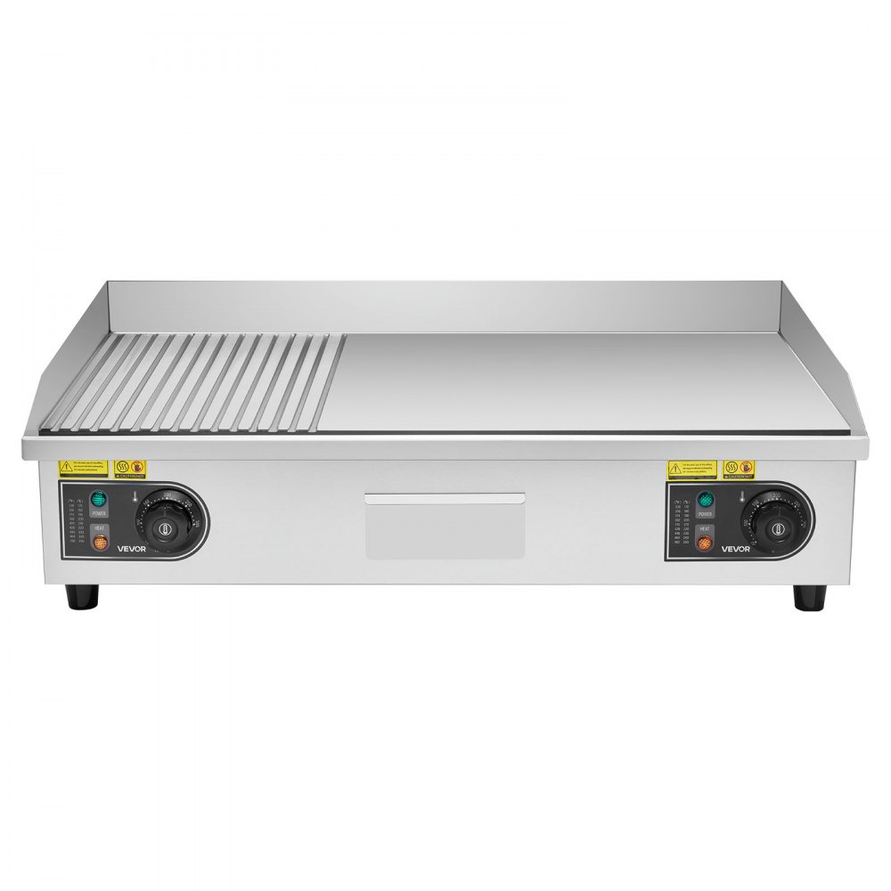 VEVOR Commerciële elektrische bakplaat 4400 W, tafelmodel grillplaat 725x400 mm grilloppervlak, 50–300 °C, elektrische grill, half geribbeld, half glad, met 2 spatels en 2 kwasten, voor steaks en pannenkoeken