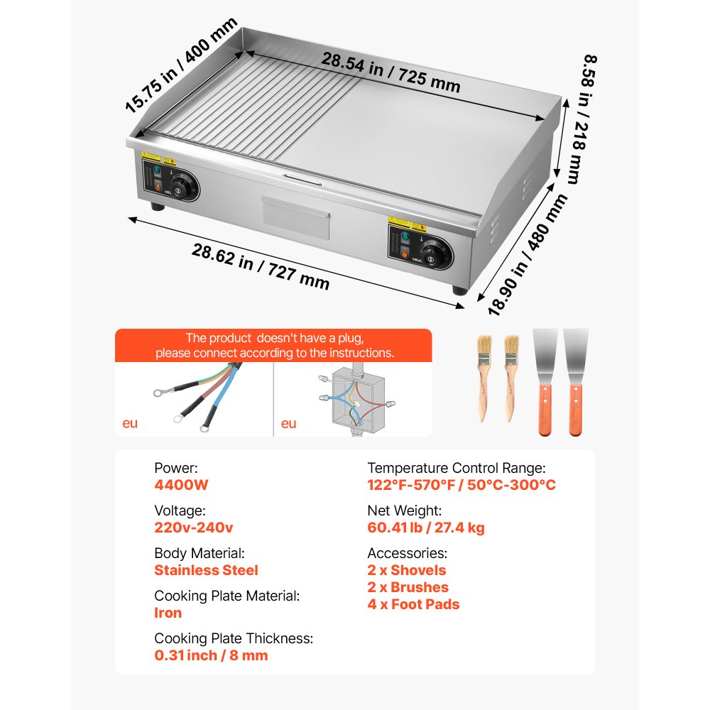 VEVOR Commerciële elektrische grillplaat 4400 W, tafelmodel grillplaat 725x400 mm grilloppervlak, 50–300 °C, elektrische grill, half geribbeld, half glad, met 2 spatels en 2 borstels, voor steaks en barbecue, zonder stekker.