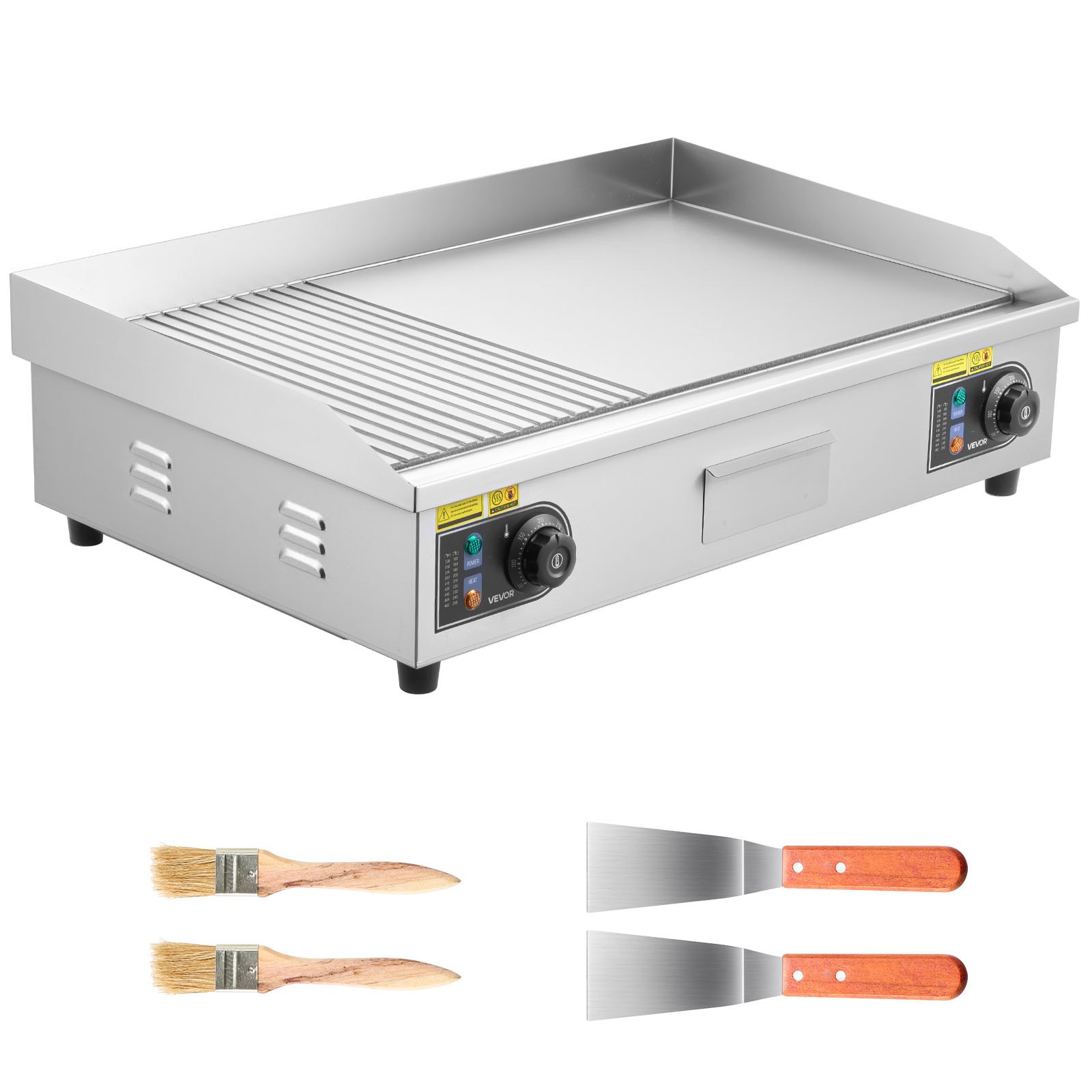 VEVOR Commerciële elektrische bakplaat 4400 W, tafelmodel grillplaat 725x400 mm grilloppervlak, 50–300 °C, elektrische grill, half geribbeld, half glad, met 2 spatels en 2 kwasten, voor steaks en pannenkoeken