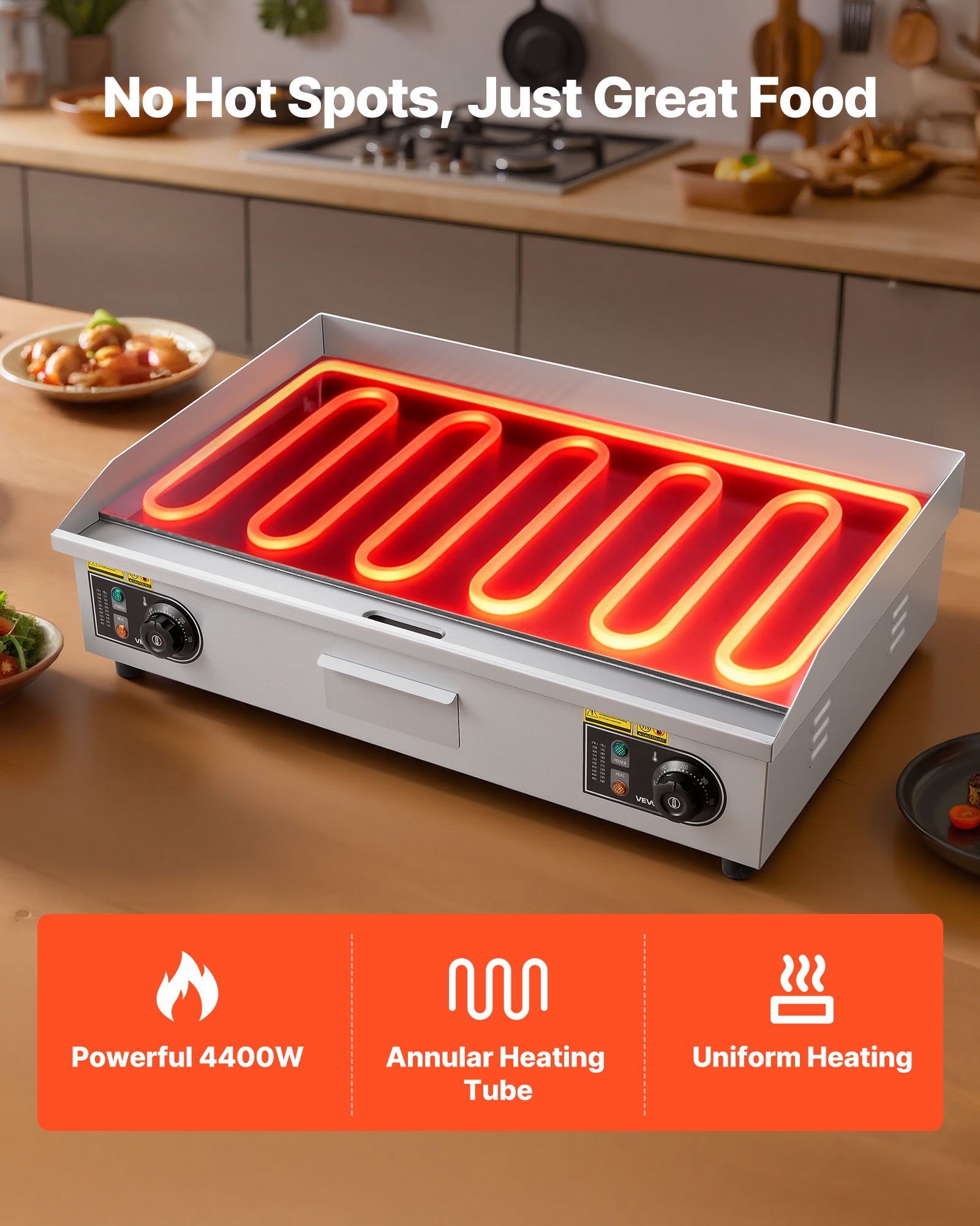 VEVOR Commerciële elektrische grillplaat 4400 W, tafelmodel grillplaat 725x400 mm grilloppervlak, 50–300 °C, elektrische grill, half geribbeld, half glad, met 2 spatels en 2 borstels, voor steaks en barbecue, zonder stekker.