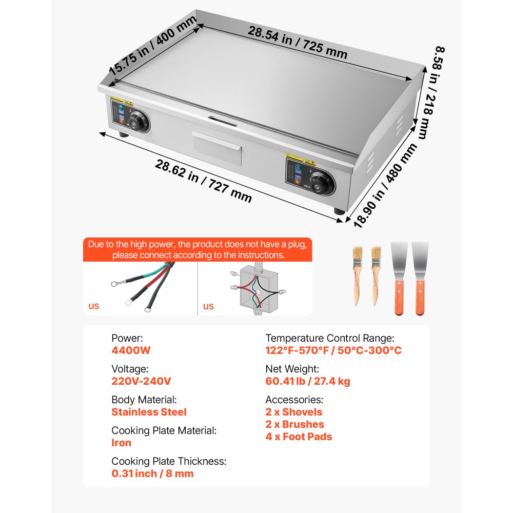 VEVOR Commerciële elektrische bakplaat 4400 W, tafelmodel grillplaat 725x400 mm grilloppervlak, 50–300 °C elektrische grill met 2 spatels, 2 borstels en 4 voetjes, voor steaks, pannenkoeken, pizza en hamburgers.