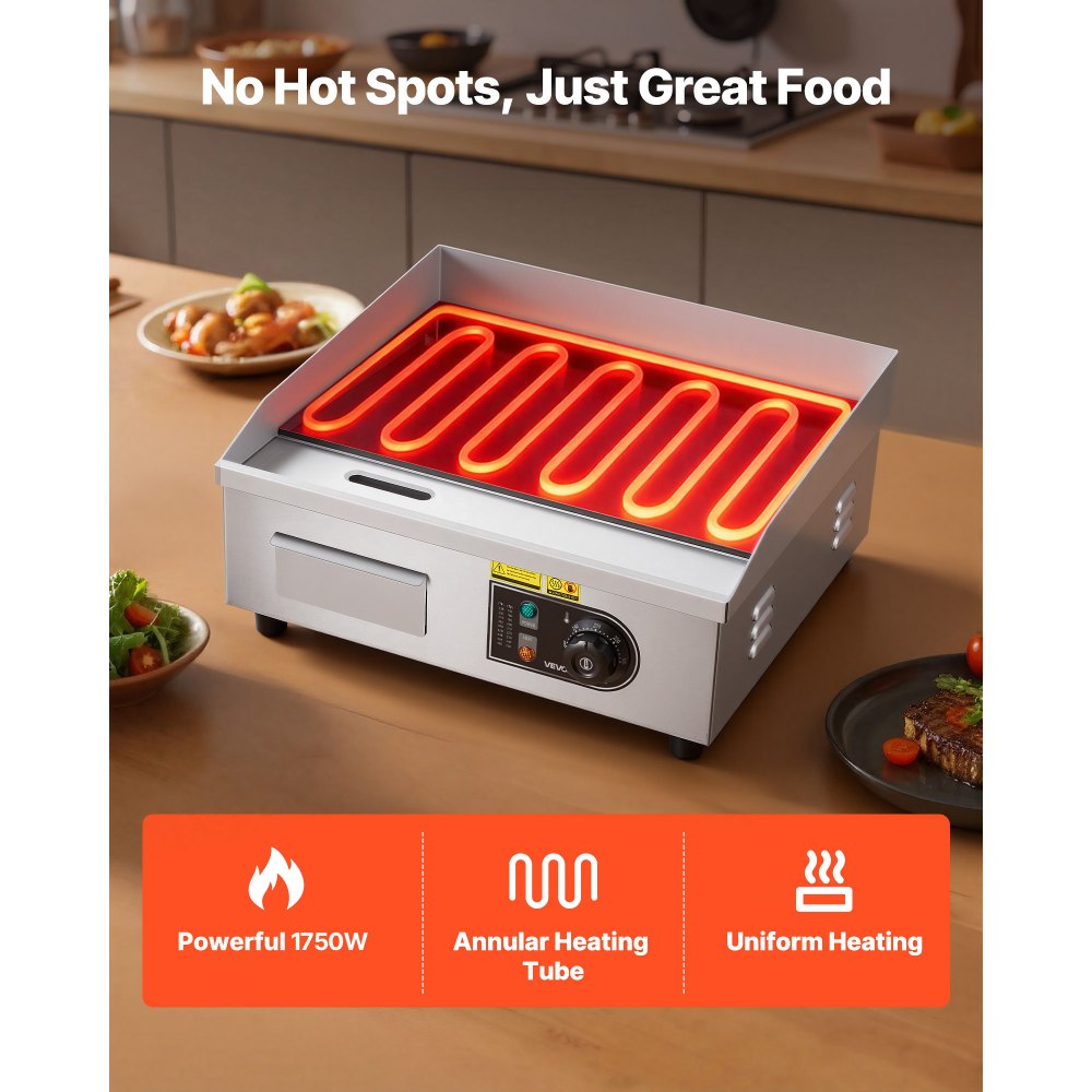 VEVOR Commerciële elektrische bakplaat 45 x 30 cm, elektrische grillplaat 2800 W, tafelmodel grillplaat 50–300 °C met 2 spatels, 2 borstels en 4 voetjes, bakplaat voor steaks en pannenkoeken