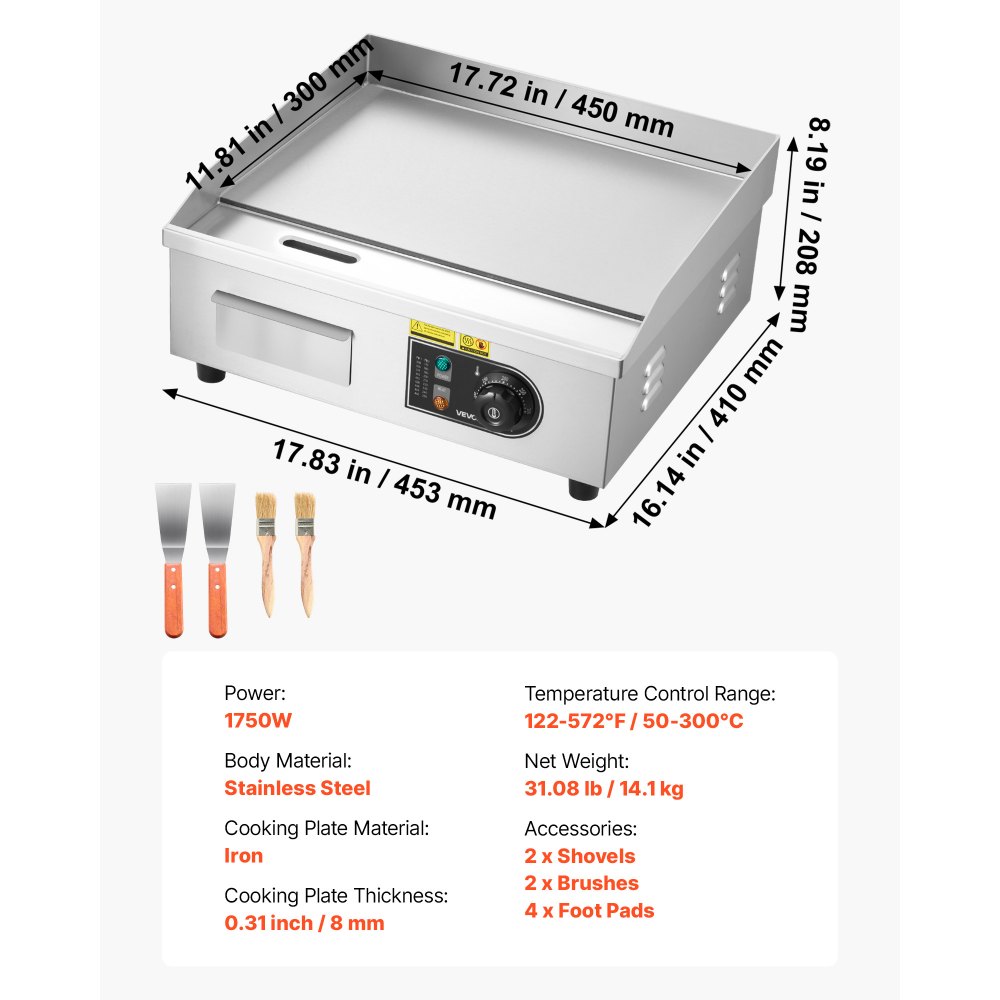 VEVOR Commerciële elektrische bakplaat 45 x 30 cm, elektrische grillplaat 2800 W, tafelmodel grillplaat 50–300 °C met 2 spatels, 2 borstels en 4 voetjes, bakplaat voor steaks en pannenkoeken