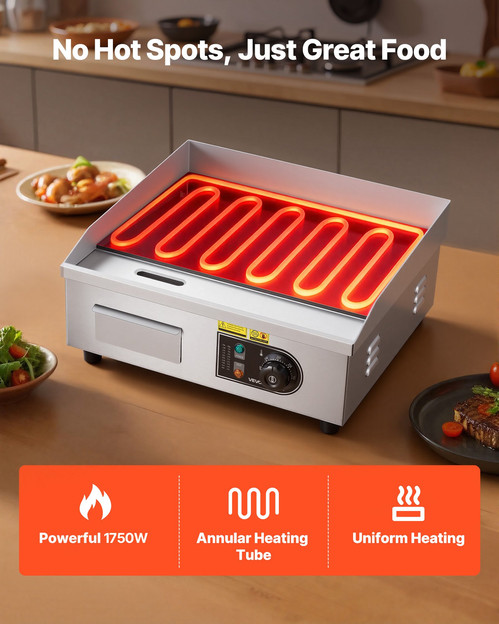 VEVOR Commerciële elektrische bakplaat 45 x 30 cm, elektrische grillplaat 2800 W, tafelmodel grillplaat 50–300 °C met 2 spatels, 2 borstels en 4 voetjes, bakplaat voor steaks en pannenkoeken