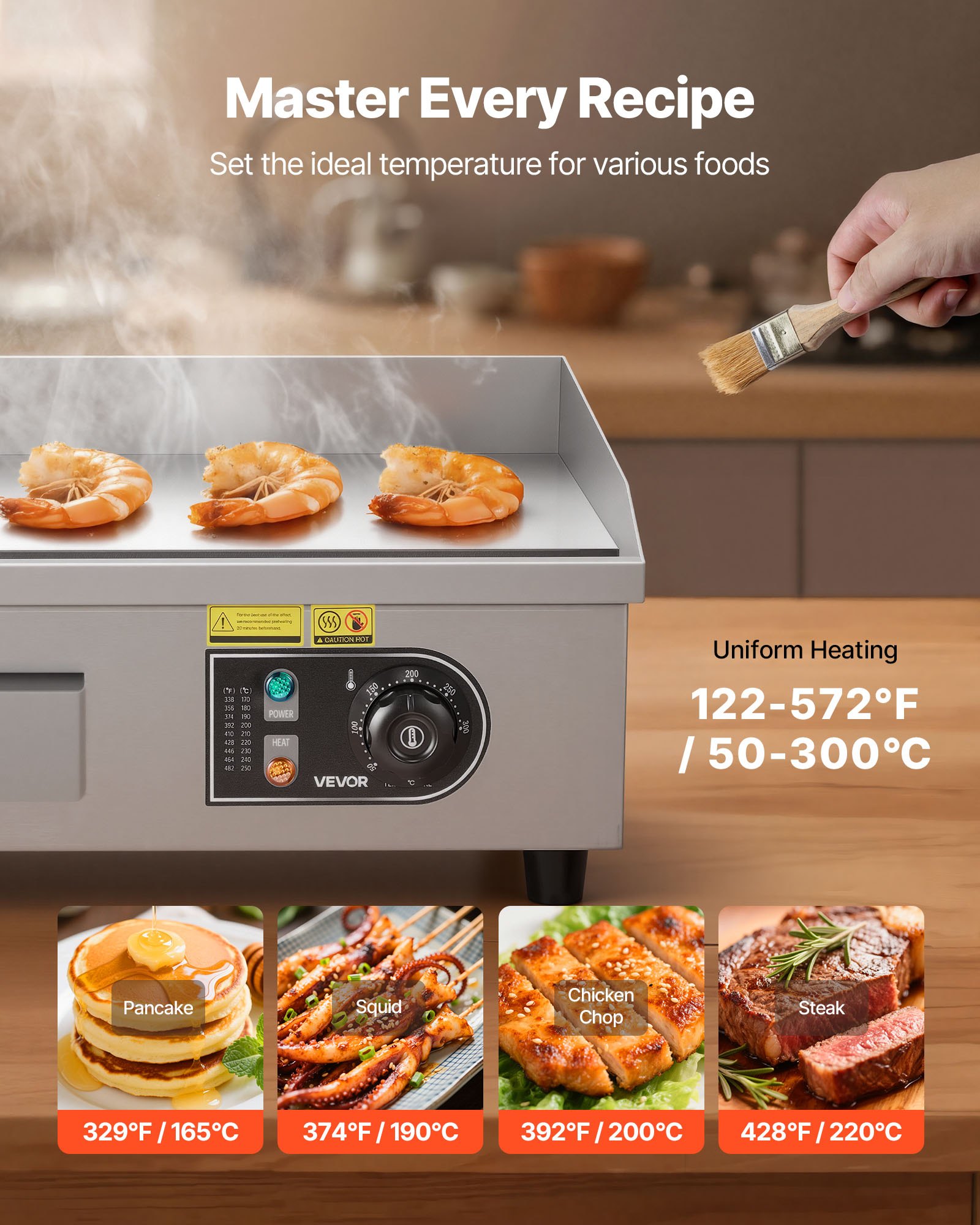 VEVOR Commerciële elektrische bakplaat 45 x 30 cm, elektrische grillplaat 2800 W, tafelmodel grillplaat 50–300 °C met 2 spatels, 2 borstels en 4 voetjes, bakplaat voor steaks en pannenkoeken