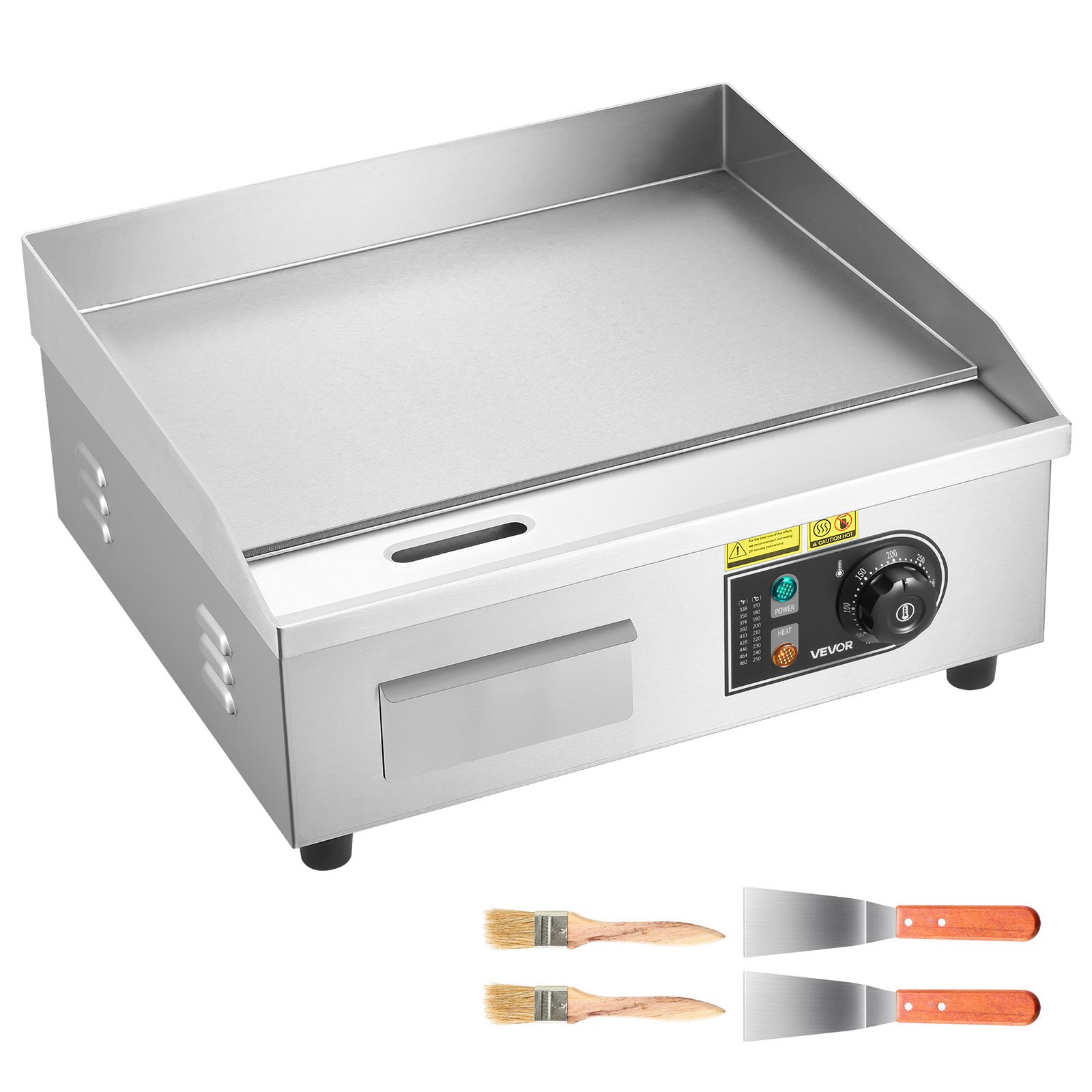 VEVOR Commerciële elektrische bakplaat 45 x 30 cm, elektrische grillplaat 2800 W, tafelmodel grillplaat 50–300 °C met 2 spatels, 2 borstels en 4 voetjes, bakplaat voor steaks en pannenkoeken