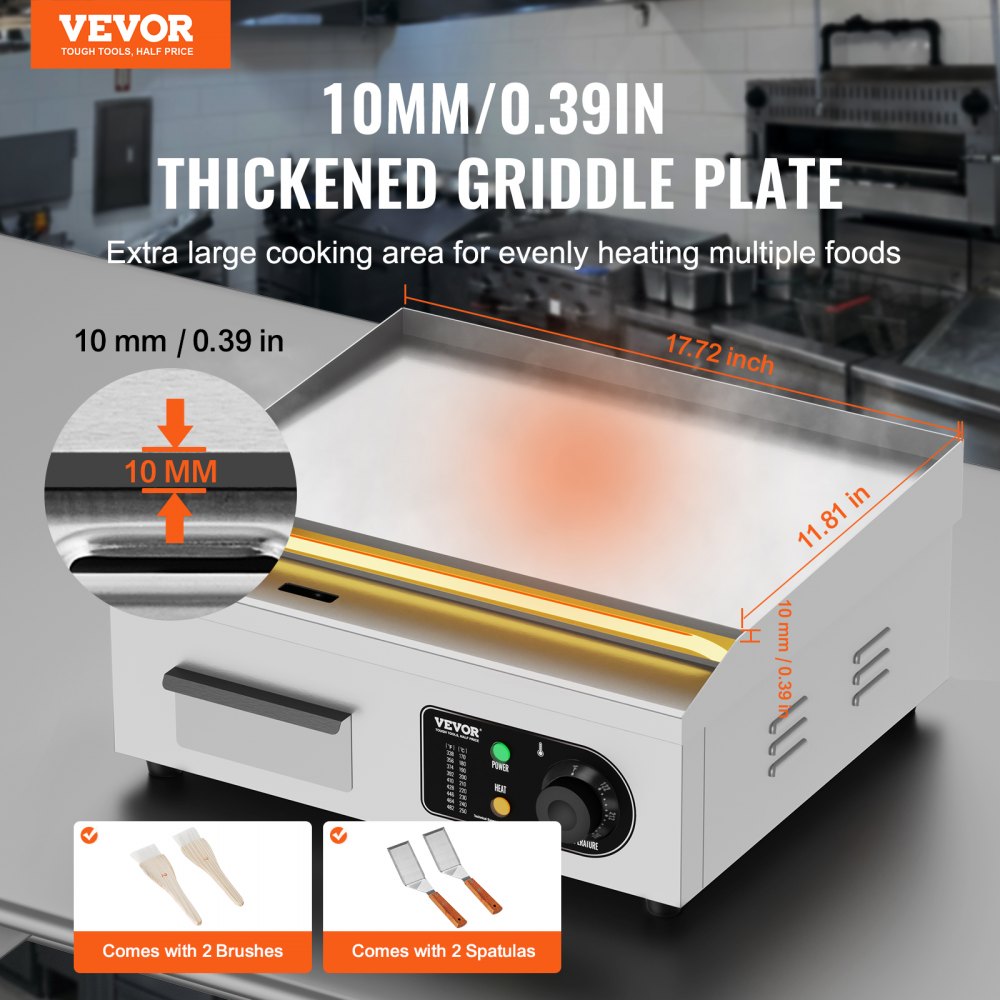 VEVOR Commerciële Elektrische Grill, 2800 W, Platte Grillplaat voor op het aanrecht, Instelbare temperatuur van 50–300 °C, 45 x 30 x 1 cm, Roestvrijstalen Grillplaat met 2 Spatels en 2 Borstels voor Thuis- of Restaurantgebruik
