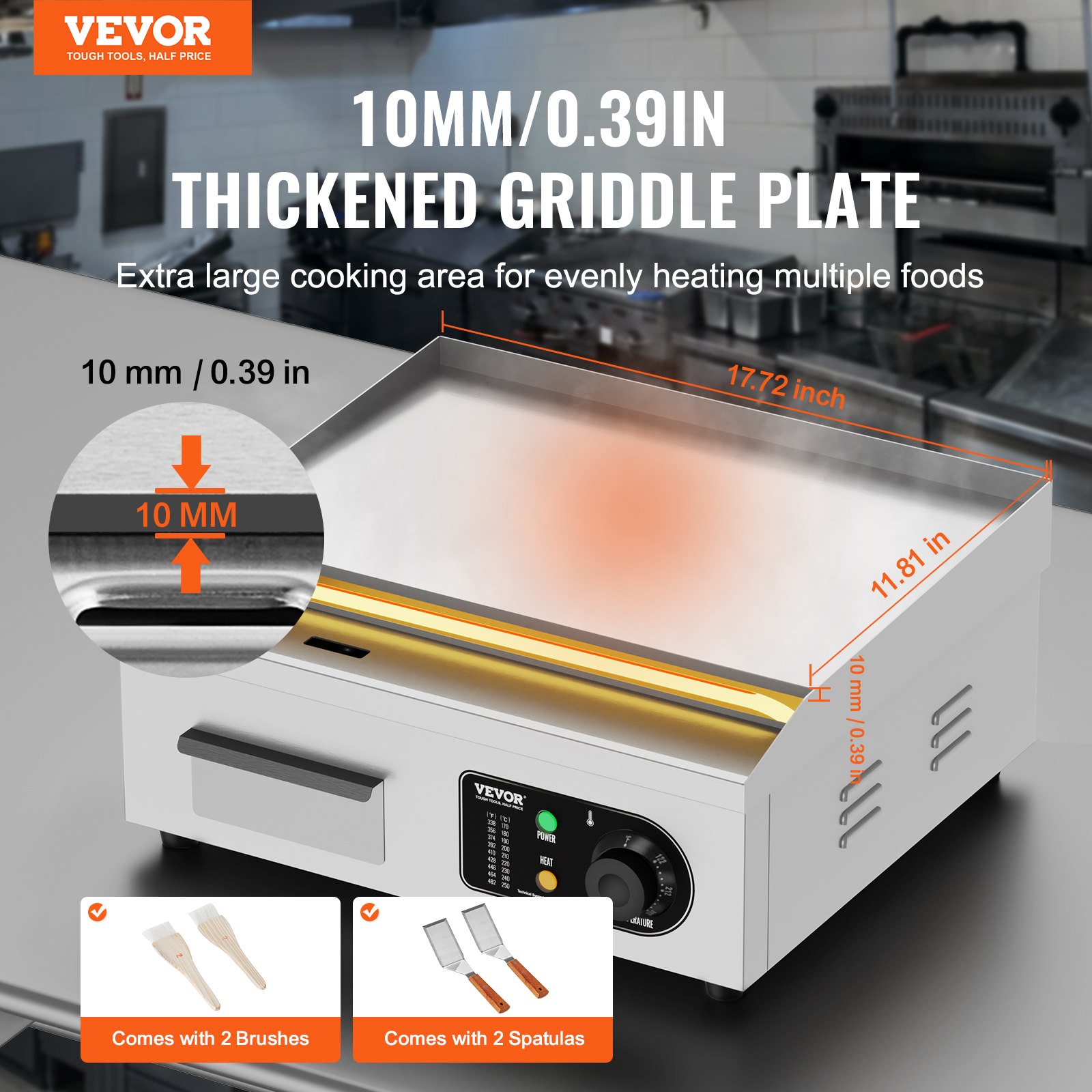 VEVOR Commerciële Elektrische Grill, 2800 W, Platte Grillplaat voor op het aanrecht, Instelbare temperatuur van 50–300 °C, 45 x 30 x 1 cm, Roestvrijstalen Grillplaat met 2 Spatels en 2 Borstels voor Thuis- of Restaurantgebruik