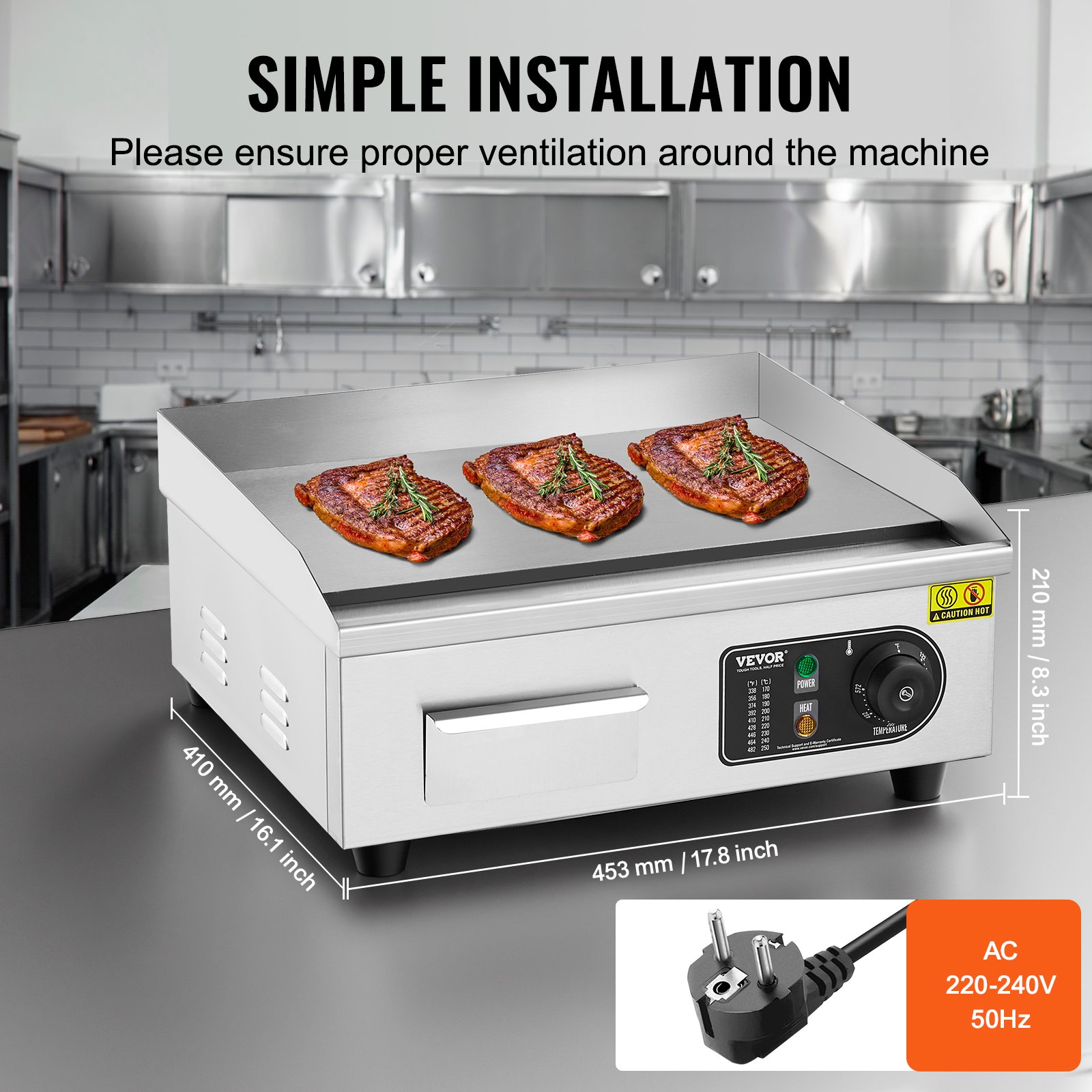 VEVOR Commerciële Elektrische Grill, 2800 W, Platte Grillplaat voor op het aanrecht, Instelbare temperatuur van 50–300 °C, 45 x 30 x 1 cm, Roestvrijstalen Grillplaat met 2 Spatels en 2 Borstels voor Thuis- of Restaurantgebruik