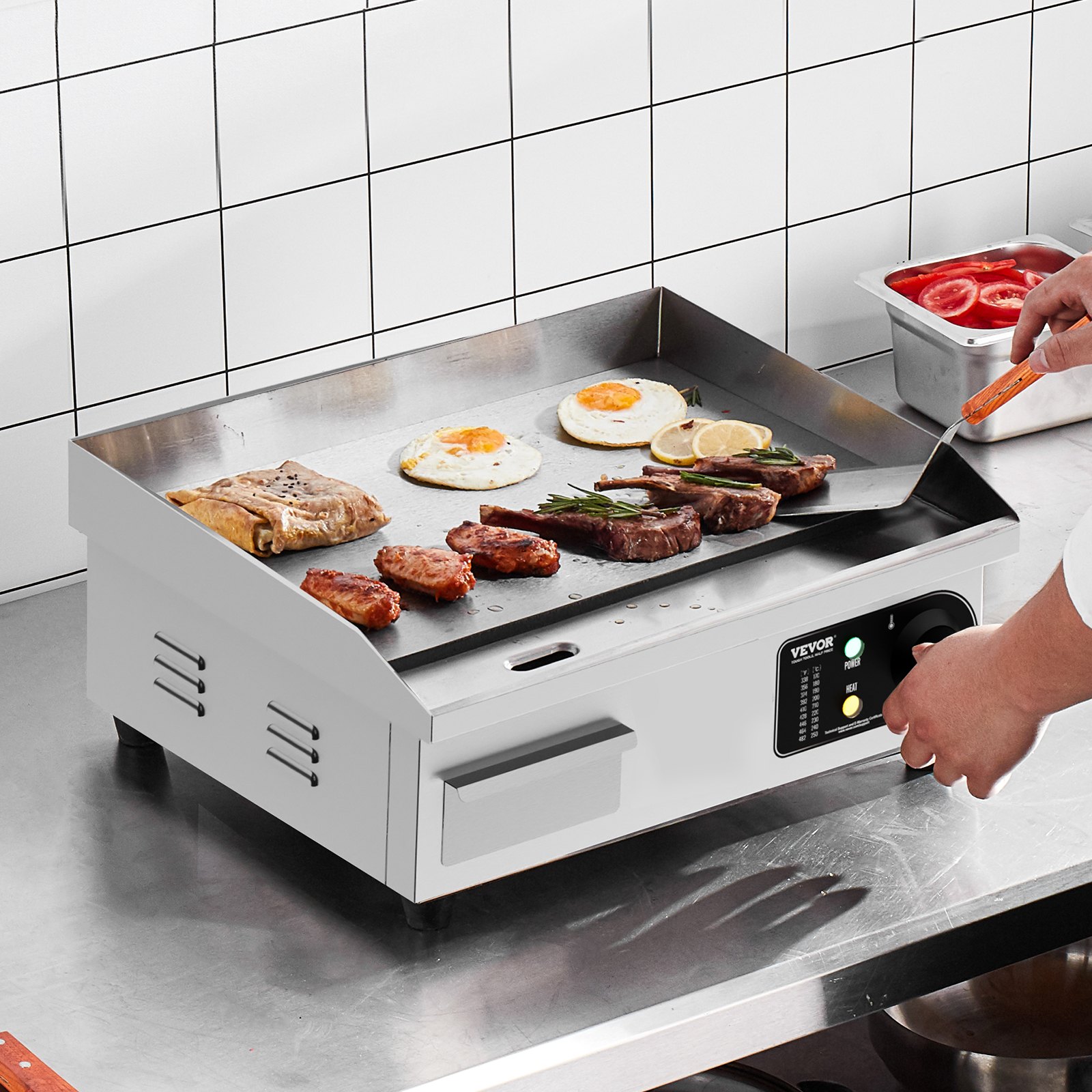 VEVOR Commerciële Elektrische Grill, 2800 W, Platte Grillplaat voor op het aanrecht, Instelbare temperatuur van 50–300 °C, 45 x 30 x 1 cm, Roestvrijstalen Grillplaat met 2 Spatels en 2 Borstels voor Thuis- of Restaurantgebruik