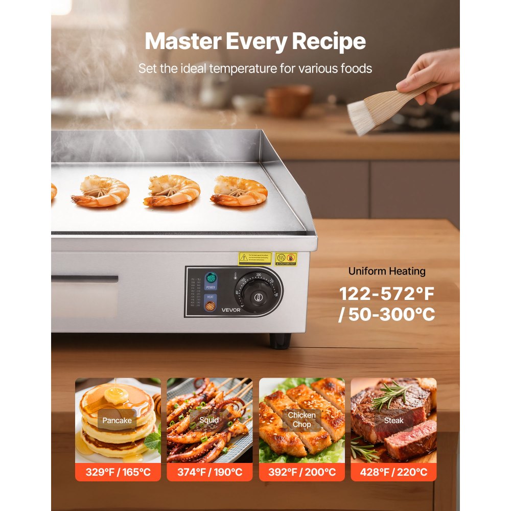 VEVOR Commercial Electric Griddle, 25.79 x 15.75 in, 4000W, 122-570°F Adjustable Temp Control, Stainless Steel Countertop Flat Top Grill with 2 Spatulas, 2 Brushes, 4 Foot Pads, for Steak(NO PLUG)