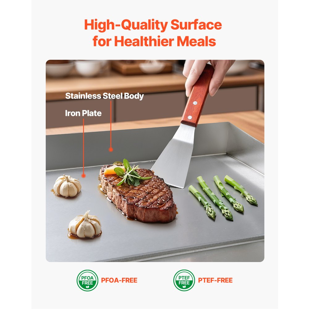 VEVOR Commercial Electric Griddle, 25.79 x 15.75 in, 4000W, 122-570°F Adjustable Temp Control, Stainless Steel Countertop Flat Top Grill with 2 Spatulas, 2 Brushes, 4 Foot Pads, for Steak(NO PLUG)