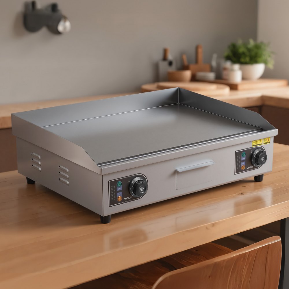 VEVOR Commercial Electric Griddle, 25.79 x 15.75 in, 4000W, 122-570°F Adjustable Temp Control, Stainless Steel Countertop Flat Top Grill with 2 Spatulas, 2 Brushes, 4 Foot Pads, for Steak(NO PLUG)