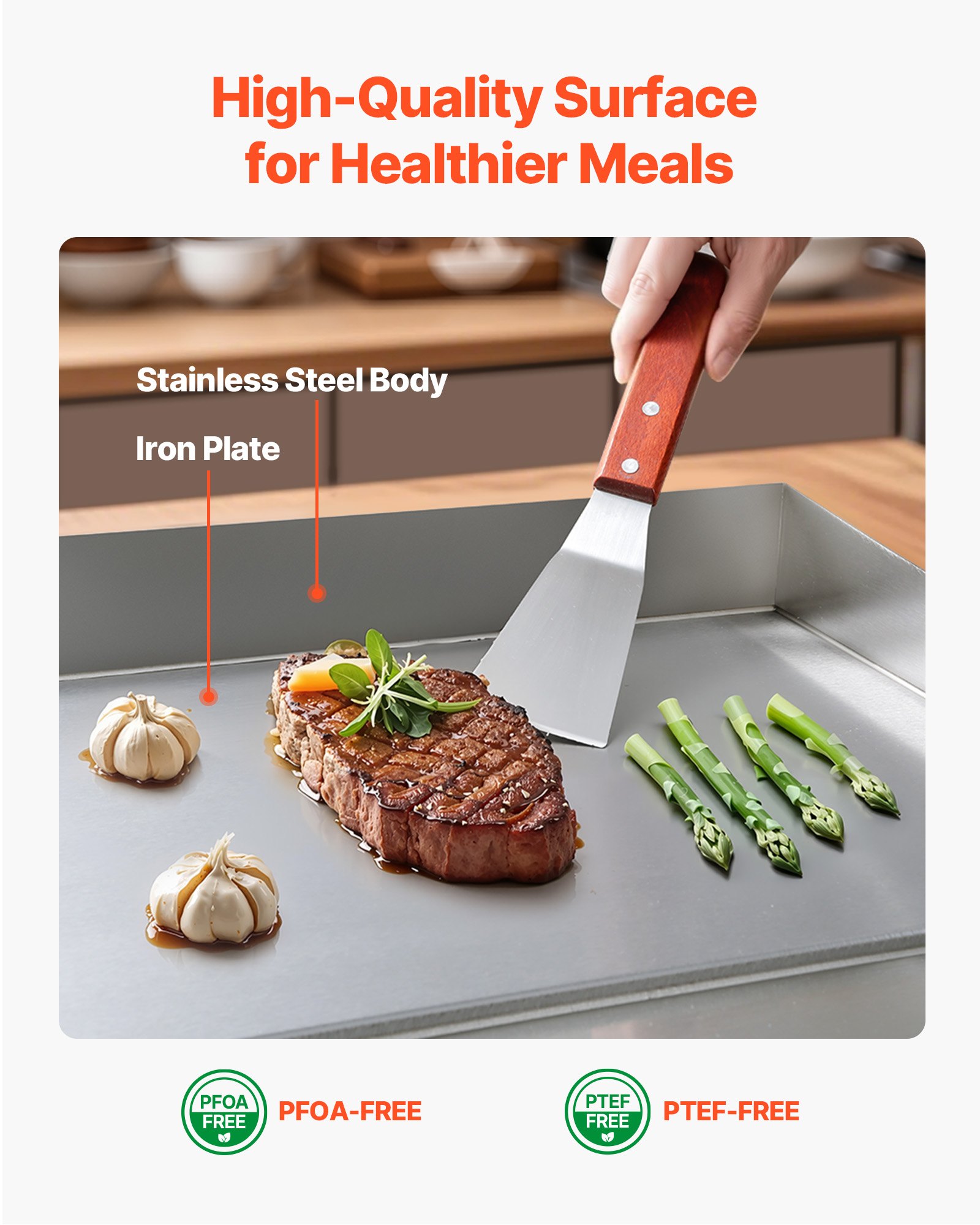 VEVOR Commercial Electric Griddle, 25.79 x 15.75 in, 4000W, 122-570°F Adjustable Temp Control, Stainless Steel Countertop Flat Top Grill with 2 Spatulas, 2 Brushes, 4 Foot Pads, for Steak(NO PLUG)