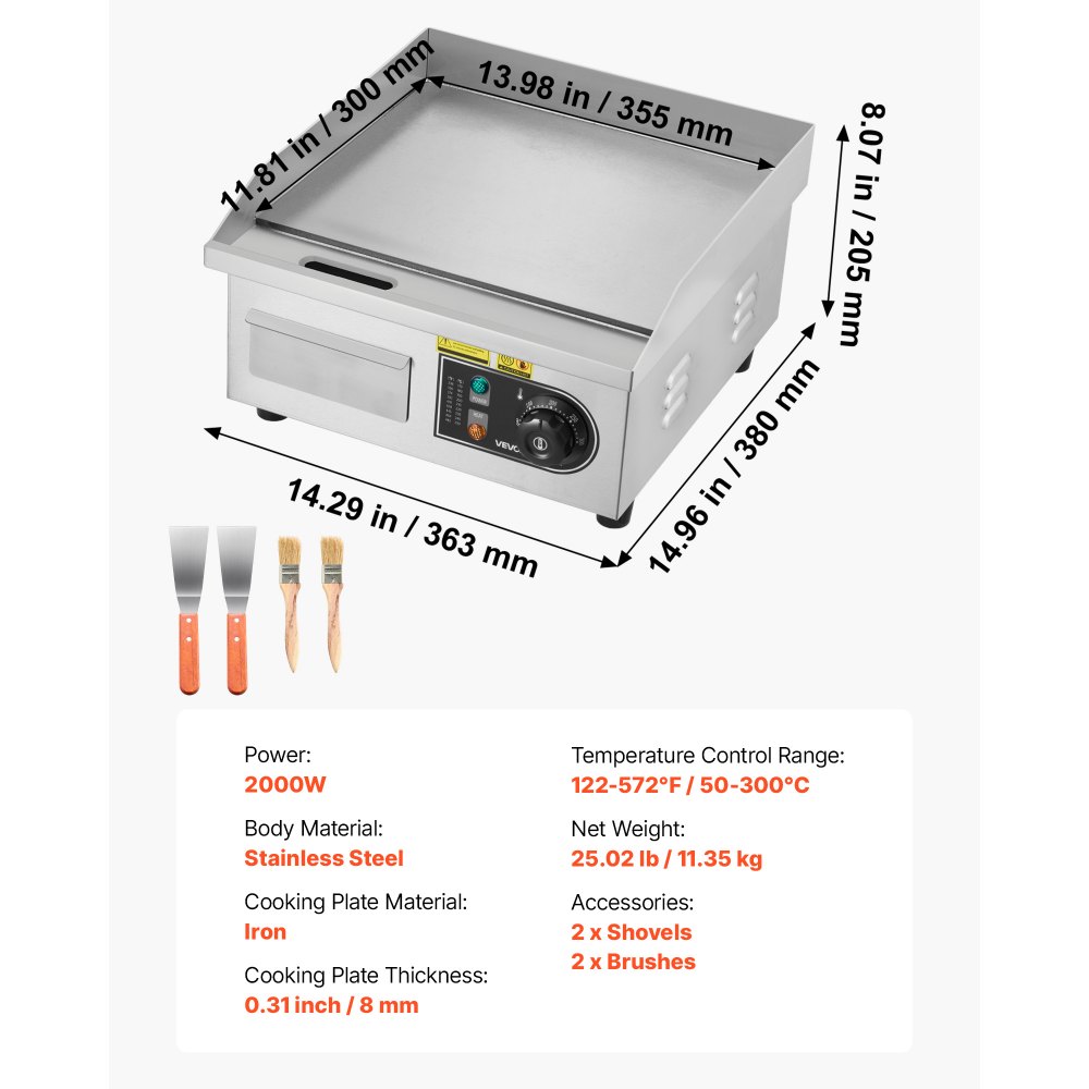 VEVOR elektrische bakplaat 2000 W 355 x 300 mm (grilloppervlak), 50-300 °C, roestvrijstalen behuizing, tafelmodel grill met 2 spatels, 2 borstels en 4 voetjes, voor steaks en pannenkoeken