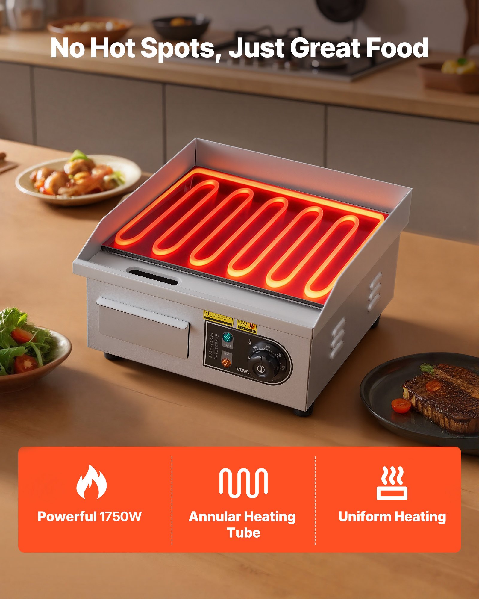 VEVOR elektrische bakplaat 2000 W 355 x 300 mm (grilloppervlak), 50-300 °C, roestvrijstalen behuizing, tafelmodel grill met 2 spatels, 2 borstels en 4 voetjes, voor steaks en pannenkoeken