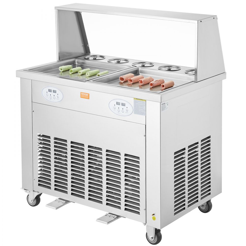 VEVOR Gefrituurde ijsmachine, 2 stuks vierkante pannen van 380 x 380 mm voor het frituren van ijs, commerciële ijsmachine van roestvrij staal met compressor en 4 schrapers