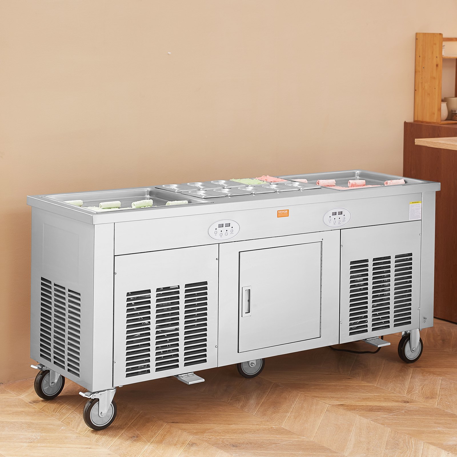 VEVOR Rolbare IJsmachine, 2 stuks vierkante bakjes van 45 x 45 cm voor het bakken van ijs, commerciële ijsmachine met compressor en 4 schrapers, voor ijs en bevroren yoghurt