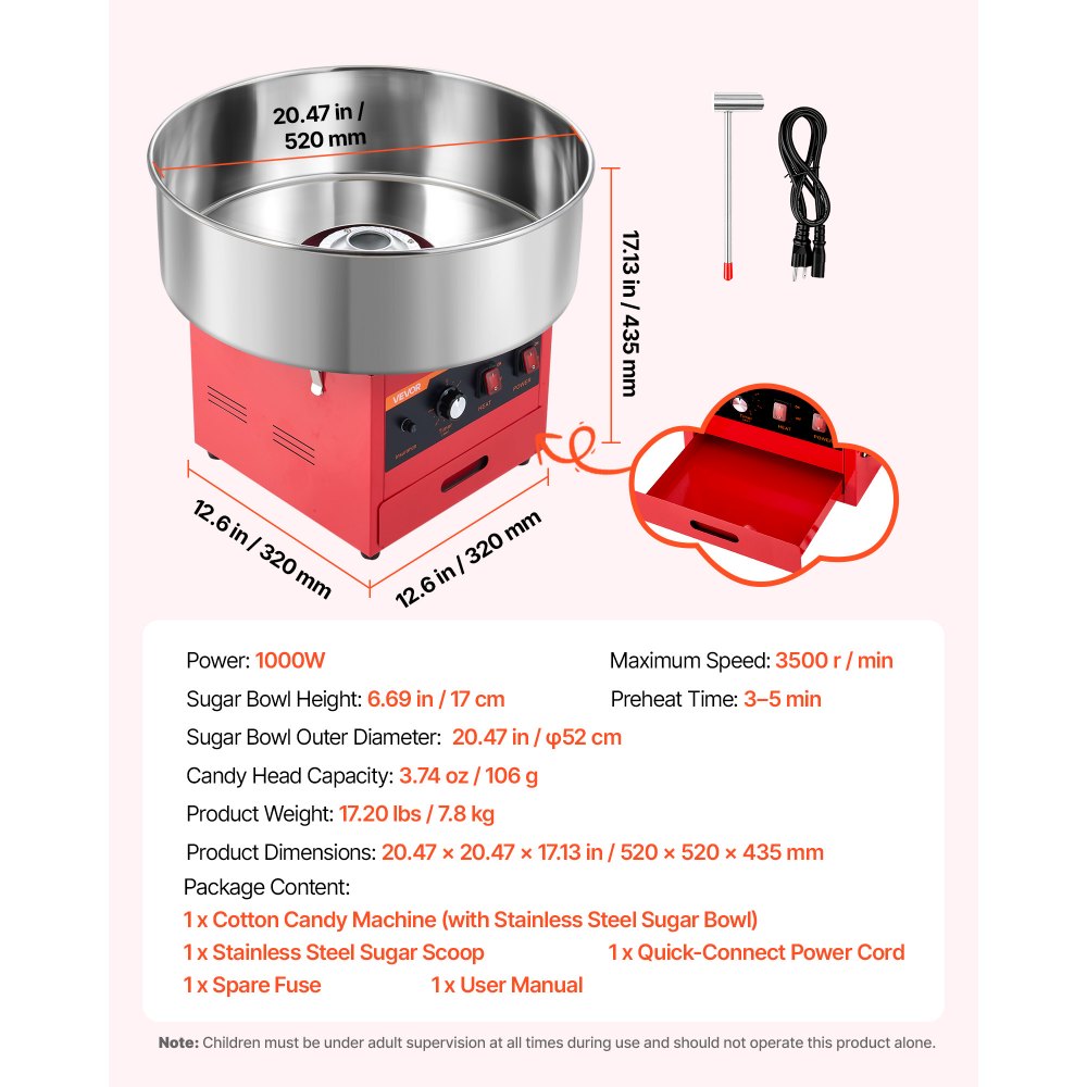 VEVOR Suikerspinmachine 1 kW Elektrische Suikerspinmachine Roestvrij Staal Rood voor Verjaardagsfeestjes en Familiebijeenkomsten, met Suikerschepje, Opberglade, Oververhittings- en Overbelastingsbeveiliging