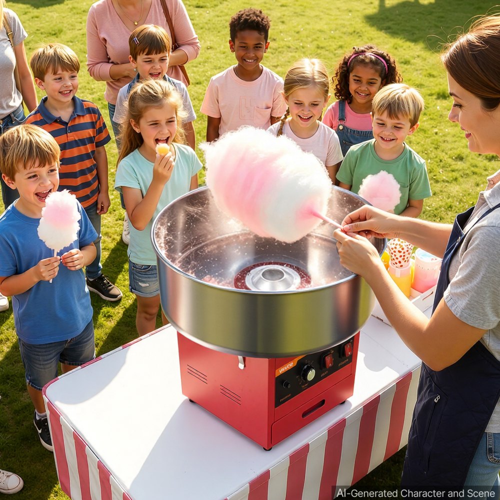 VEVOR Suikerspinmachine 1 kW Elektrische Suikerspinmachine Roestvrij Staal Rood voor Verjaardagsfeestjes en Familiebijeenkomsten, met Suikerschepje, Opberglade, Oververhittings- en Overbelastingsbeveiliging