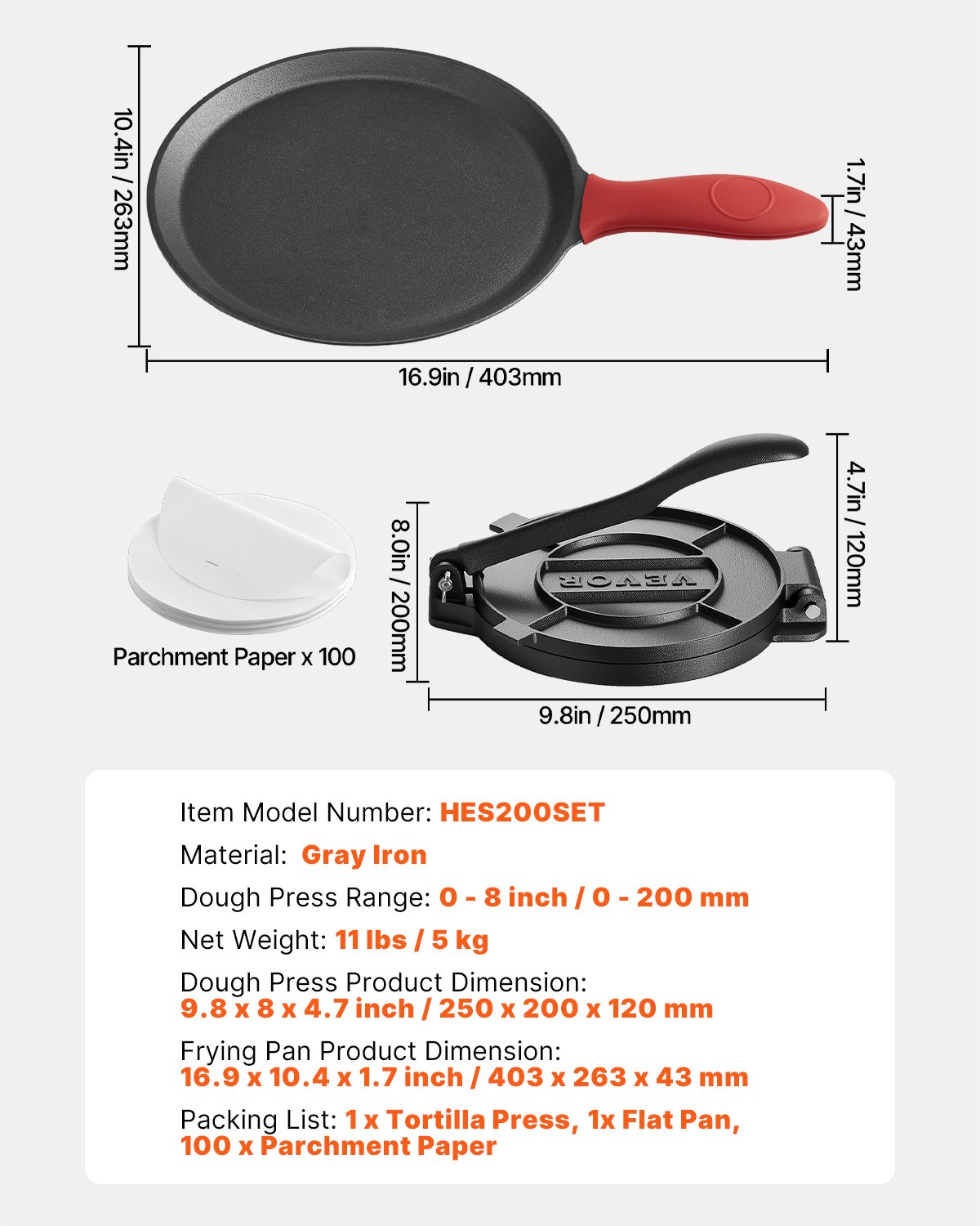 VEVOR Tortilla Press Taco Press (20 cm) Gemaakt van grijs ijzer, Robuuste Pataconera Maker met handvat en 100 stuks bakpapier, Deegpers voor tortilla's, Colombiaanse Pataconera Professionele Roti Maker