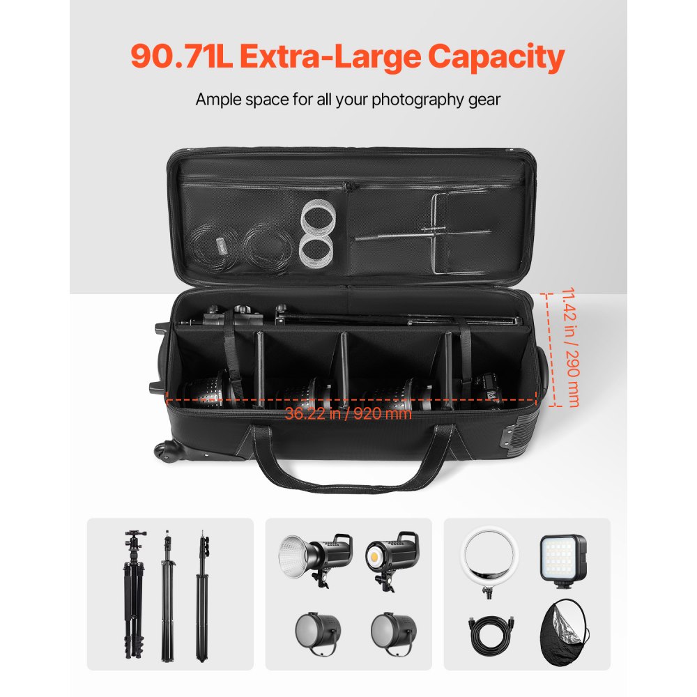 VEVOR Studio Trolley 100x38x32 cm, Transporttas, Koffer voor Studioapparatuur, Studiotas op wielen, Draagtas met wielen, Riemen, Gevoerd compartiment, Handvat, voor Statieven, Telescopen