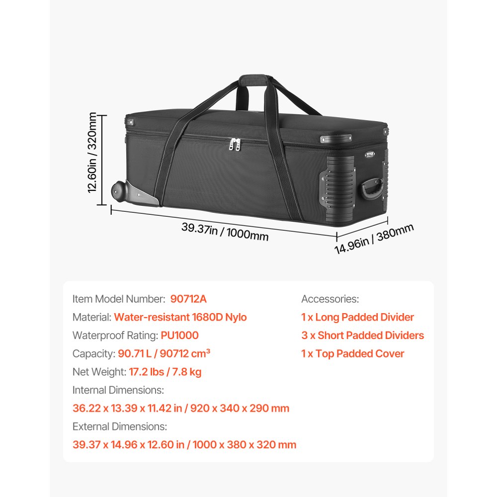 VEVOR Studio Trolley 100x38x32 cm, Transporttas, Koffer voor Studioapparatuur, Studiotas op wielen, Draagtas met wielen, Riemen, Gevoerd compartiment, Handvat, voor Statieven, Telescopen
