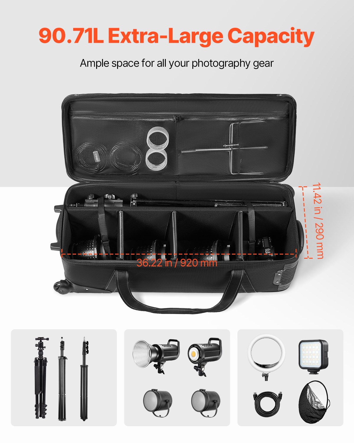VEVOR Studio Trolley 100x38x32 cm, Transporttas, Koffer voor Studioapparatuur, Studiotas op wielen, Draagtas met wielen, Riemen, Gevoerd compartiment, Handvat, voor Statieven, Telescopen