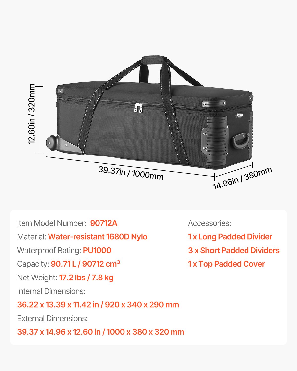 VEVOR Studio Trolley 100x38x32 cm, Transporttas, Koffer voor Studioapparatuur, Studiotas op wielen, Draagtas met wielen, Riemen, Gevoerd compartiment, Handvat, voor Statieven, Telescopen