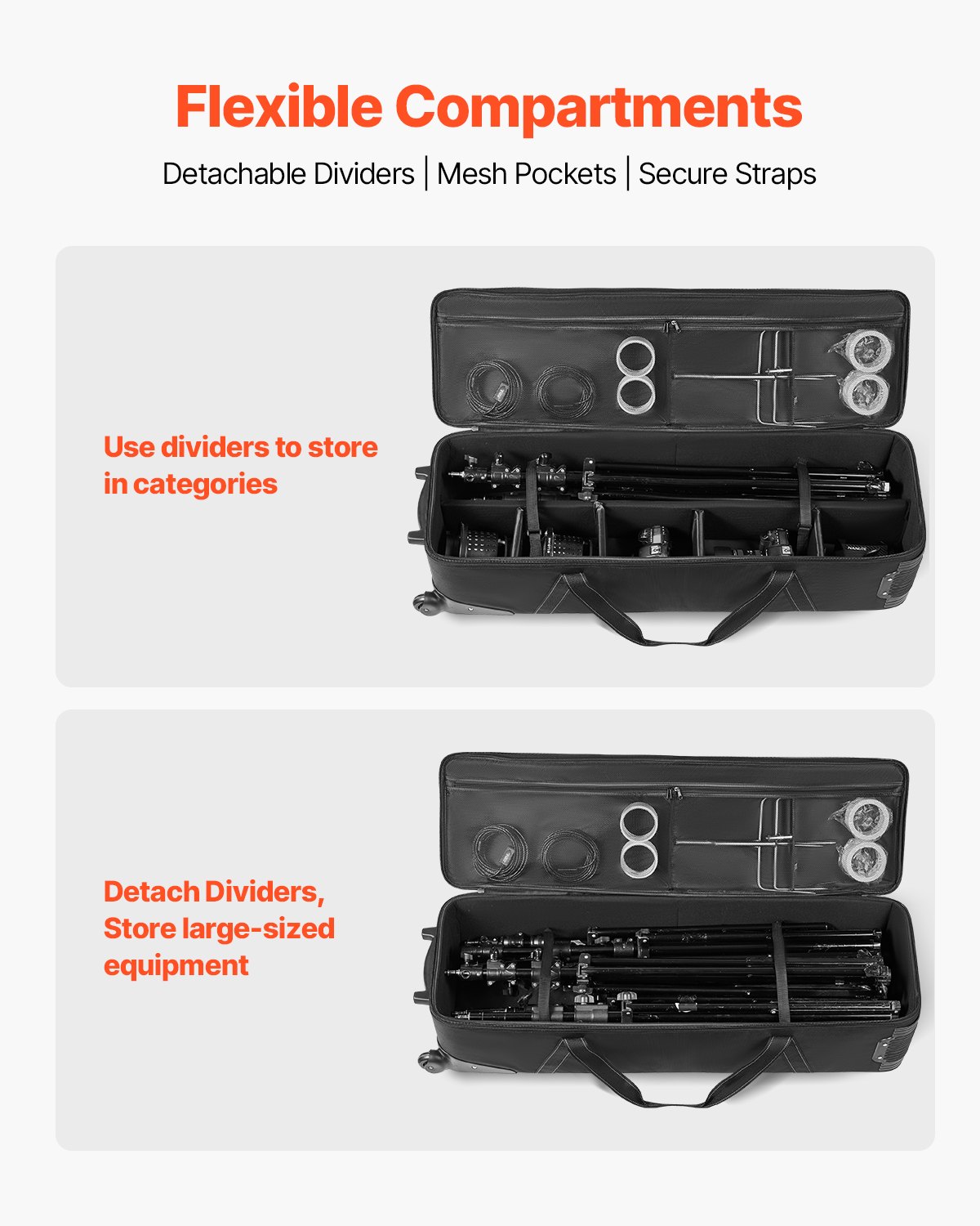 VEVOR Studio Equipment Trolley Case, 46.46 x 14.57 x 11.81 in / 118 x 37 x 30 cm, Rolling Camera Bag, Carrying Bag with Wheels Straps Padded Compartment Handle, for Light Stands, Tripods, Telescopes