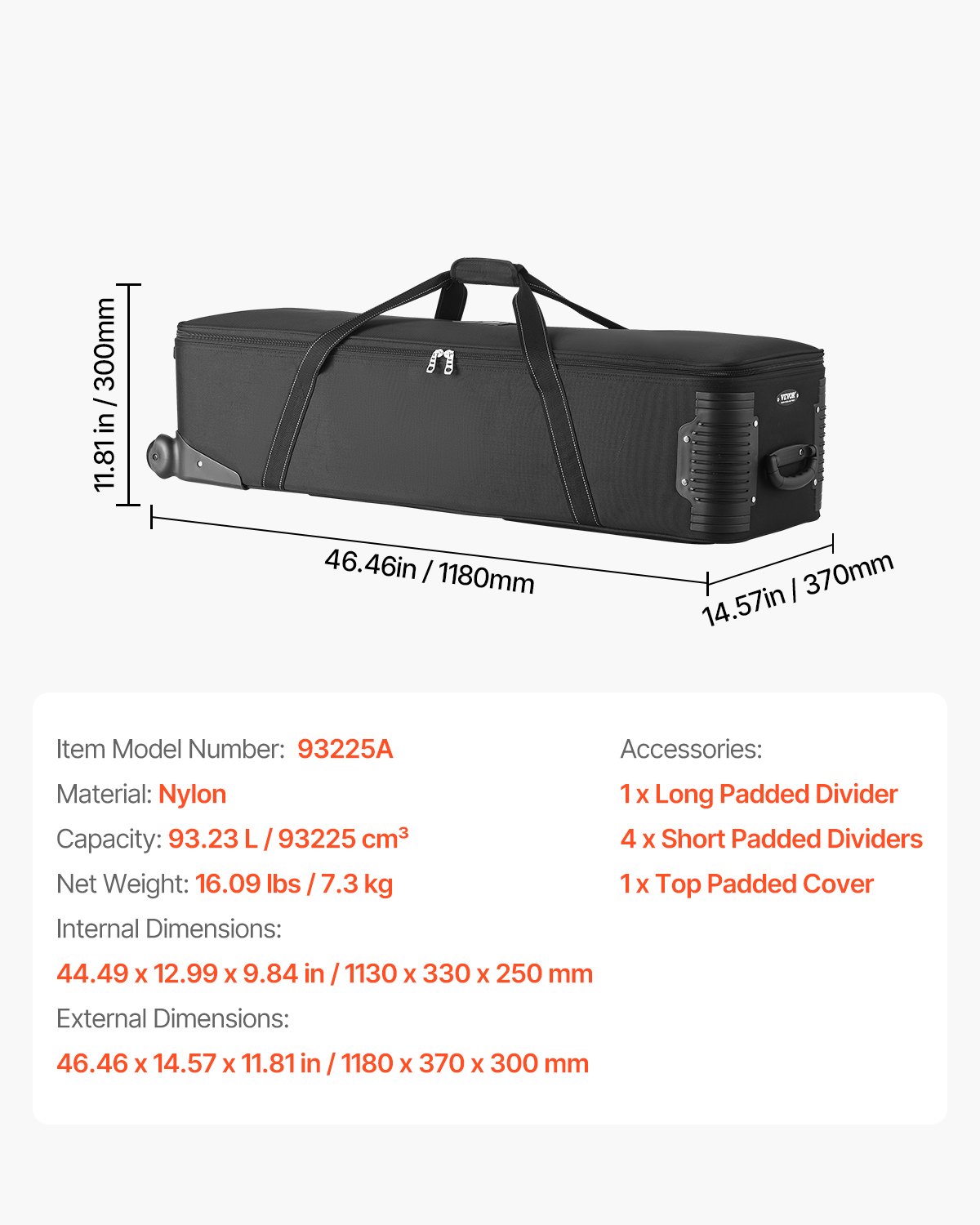VEVOR Studio Trolley 118x37x30 cm, Transporttas voor studioapparatuur, Cameratas op wielen, Studiotas met wielen, Riemen, Gevoerd vak, Handvat, voor lampstatieven, statieven, telescopen