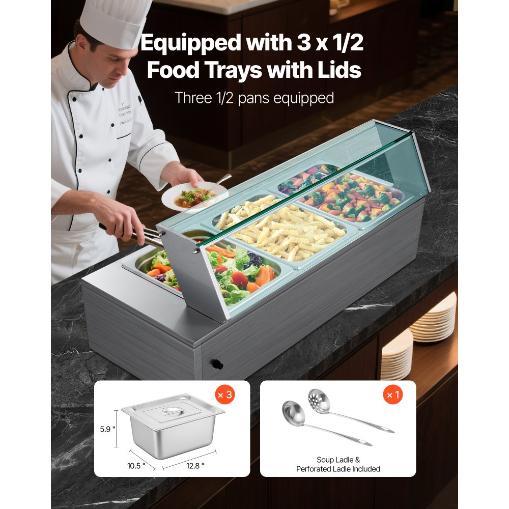 VEVOR Commerciële Voedselverwarmer (3 x 1/2 Maat Containers), 1,5 kW Elektrische RVS Warmhoudcontainer met Glazen Deksel & Soeplepel, Chafing Dishes voor Catering Restaurant Feesten