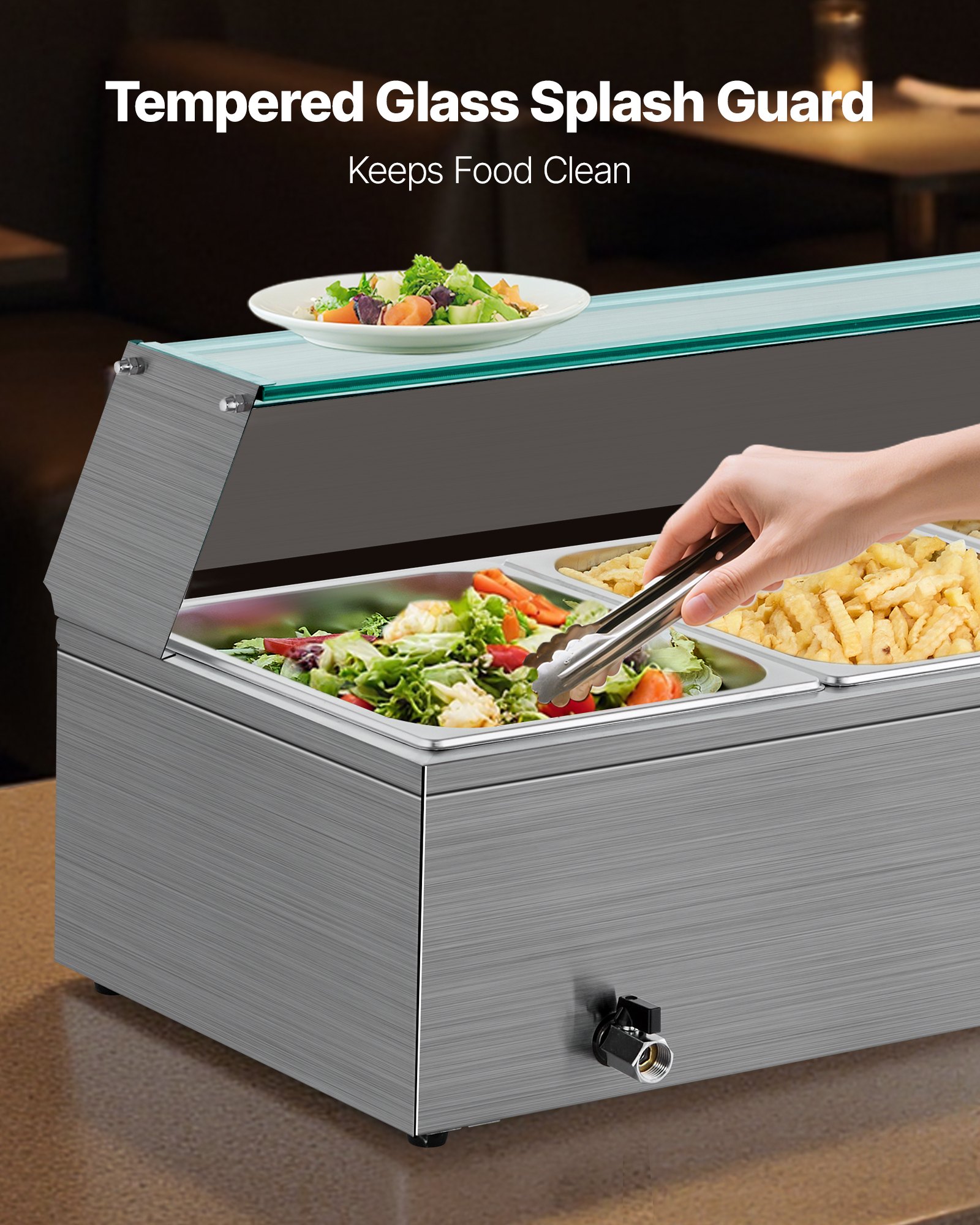 VEVOR Commerciële Voedselverwarmer (3 x 1/2 Maat Containers), 1,5 kW Elektrische RVS Warmhoudcontainer met Glazen Deksel & Soeplepel, Chafing Dishes voor Catering Restaurant Feesten