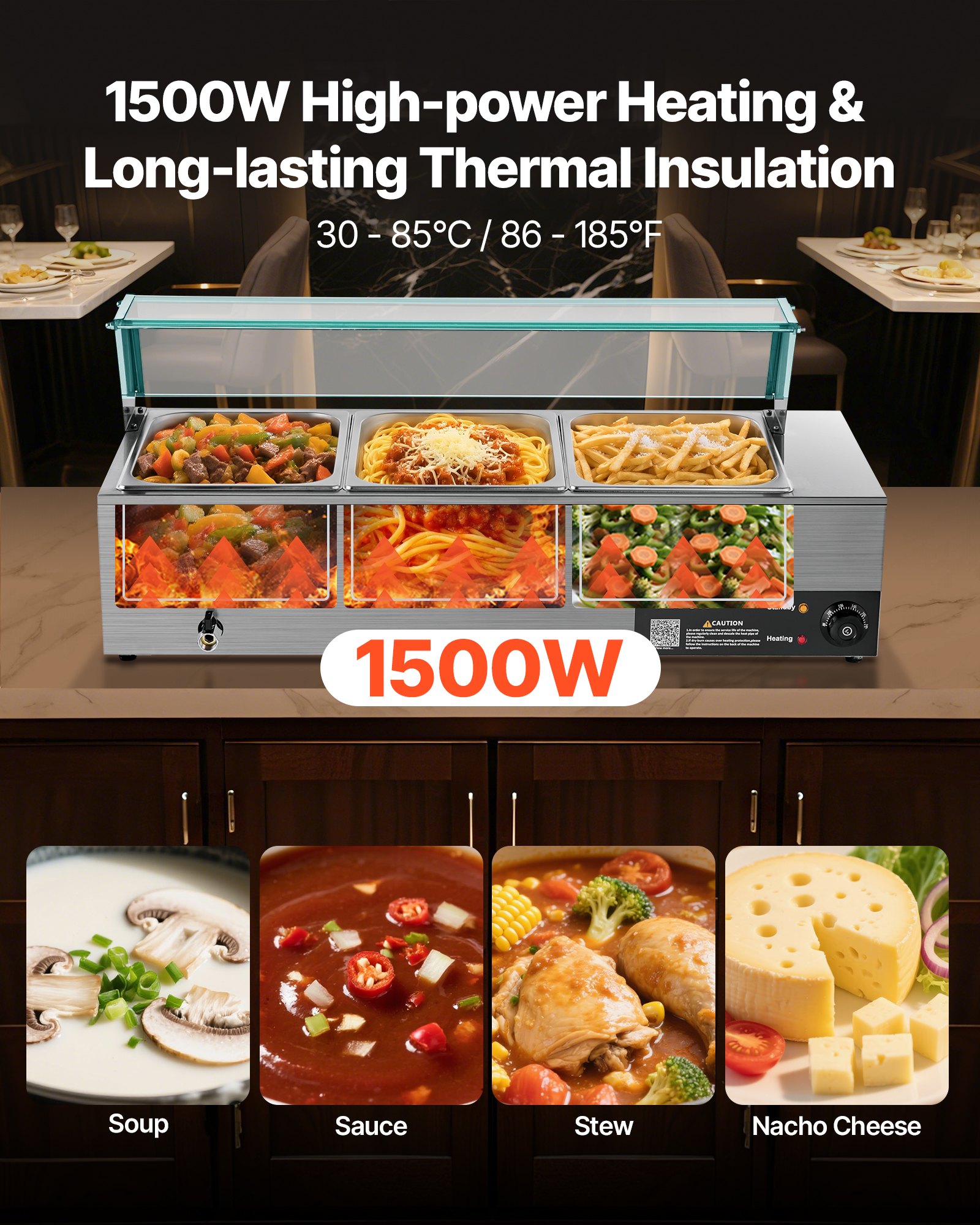 VEVOR Commerciële Voedselverwarmer (3 x 1/2 Maat Containers), 1,5 kW Elektrische RVS Warmhoudcontainer met Glazen Deksel & Soeplepel, Chafing Dishes voor Catering Restaurant Feesten