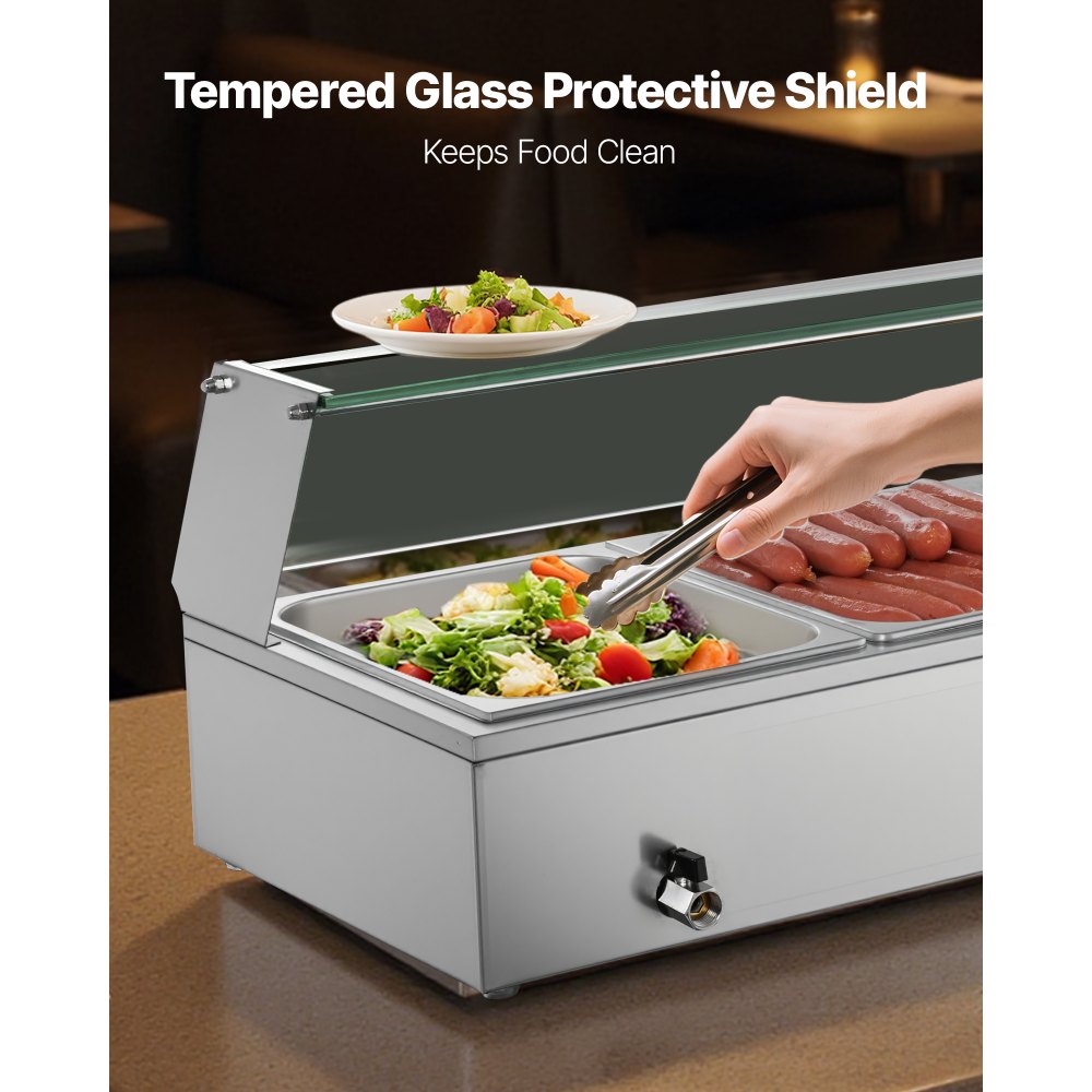 VEVOR Commerciële Voedselwarmer met Glazen Deksel en 5 Containers (1/2 Formaat) 1,5 kW Buffet Warmer Roestvrij Staal, Buffet Containers Buffet Waterbad Voedselwarmer voor Restaurants Feesten Buffetten