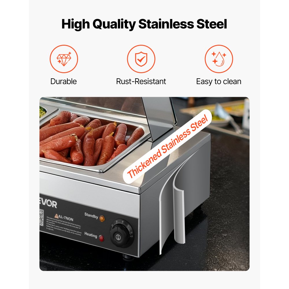 VEVOR Commerciële Voedselwarmer met Glazen Deksel en 5 Containers (1/2 Formaat) 1,5 kW Buffet Warmer Roestvrij Staal, Buffet Containers Buffet Waterbad Voedselwarmer voor Restaurants Feesten Buffetten