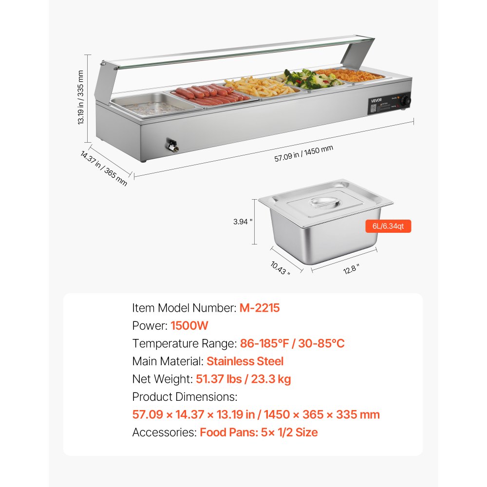 VEVOR Commerciële Voedselwarmer met Glazen Deksel en 5 Containers (1/2 Formaat) 1,5 kW Buffet Warmer Roestvrij Staal, Buffet Containers Buffet Waterbad Voedselwarmer voor Restaurants Feesten Buffetten