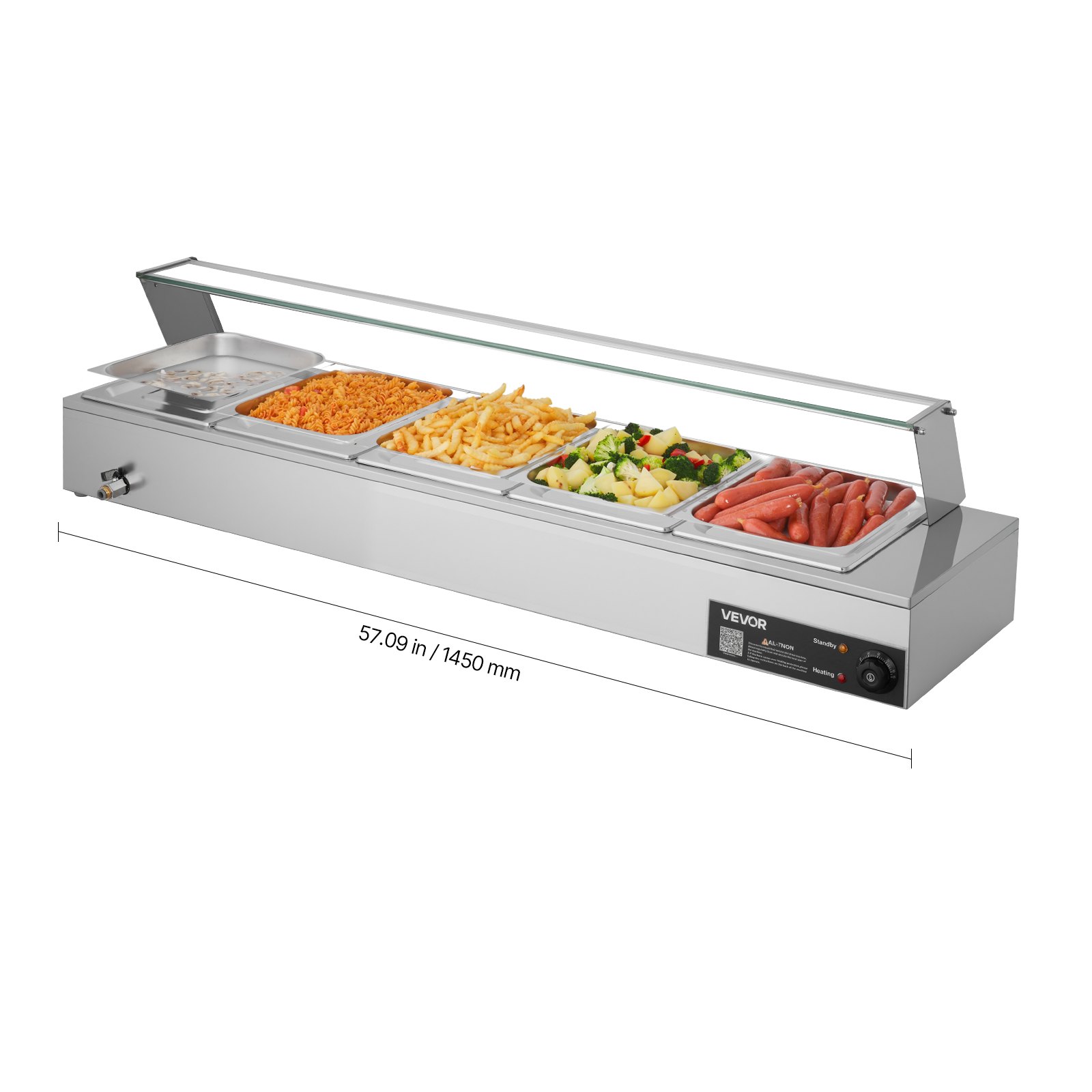 VEVOR Commerciële Voedselwarmer met Glazen Deksel en 5 Containers (1/2 Formaat) 1,5 kW Buffet Warmer Roestvrij Staal, Buffet Containers Buffet Waterbad Voedselwarmer Station voor Restaurants Feesten Buffetten