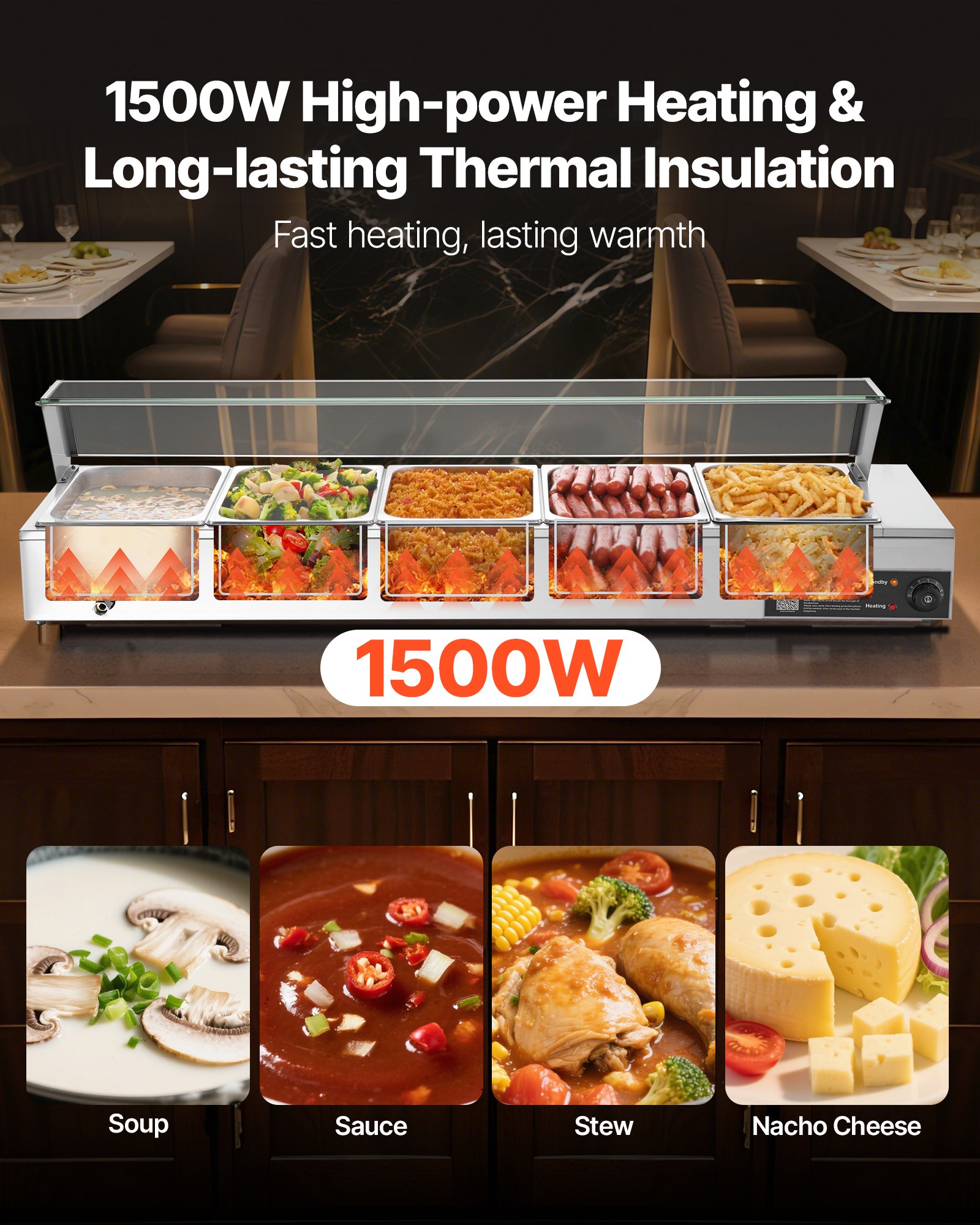 VEVOR Commerciële Voedselwarmer met Glazen Deksel en 5 Containers (1/2 Formaat) 1,5 kW Buffet Warmer Roestvrij Staal, Buffet Containers Buffet Waterbad Voedselwarmer voor Restaurants Feesten Buffetten