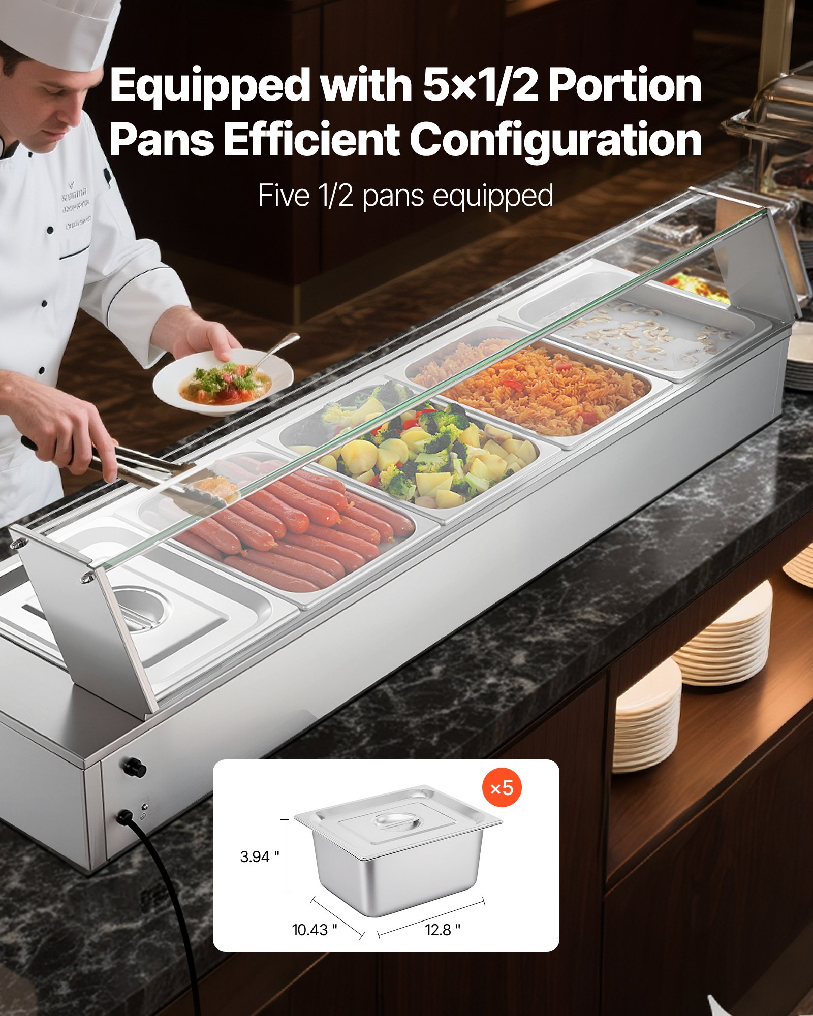VEVOR Commerciële Voedselwarmer met Glazen Deksel en 5 Containers (1/2 Formaat) 1,5 kW Buffet Warmer Roestvrij Staal, Buffet Containers Buffet Waterbad Voedselwarmer voor Restaurants Feesten Buffetten