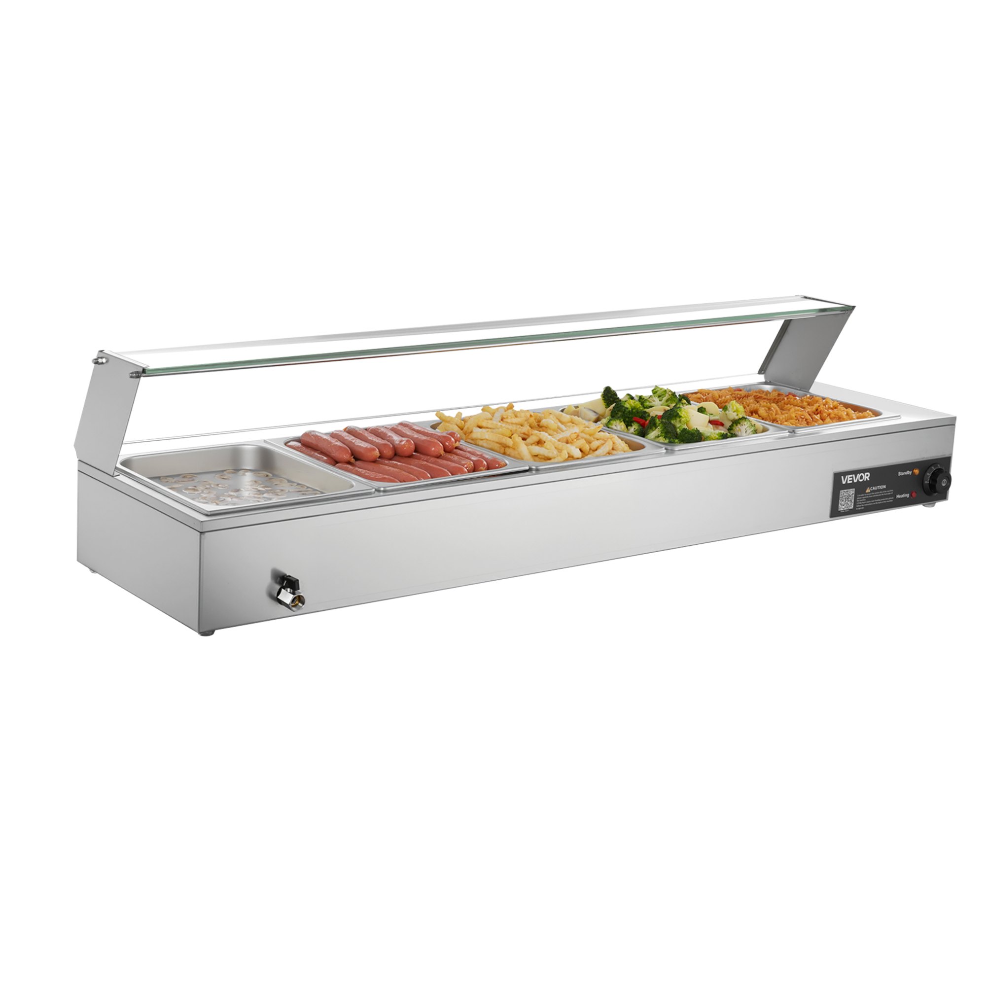 VEVOR Commerciële Voedselwarmer met Glazen Deksel en 5 Containers (1/2 Formaat) 1,5 kW Buffet Warmer Roestvrij Staal, Buffet Containers Buffet Waterbad Voedselwarmer voor Restaurants Feesten Buffetten