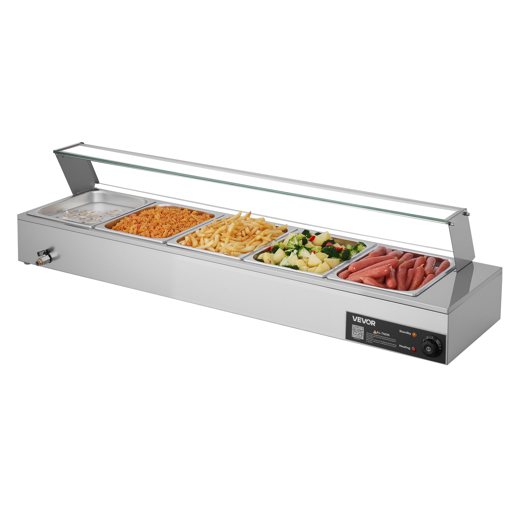 VEVOR Commerciële Voedselwarmer met Glazen Deksel en 5 Containers (1/2 Formaat) 1,5 kW Buffet Warmer Roestvrij Staal, Buffet Containers Buffet Waterbad Voedselwarmer voor Restaurants Feesten Buffetten