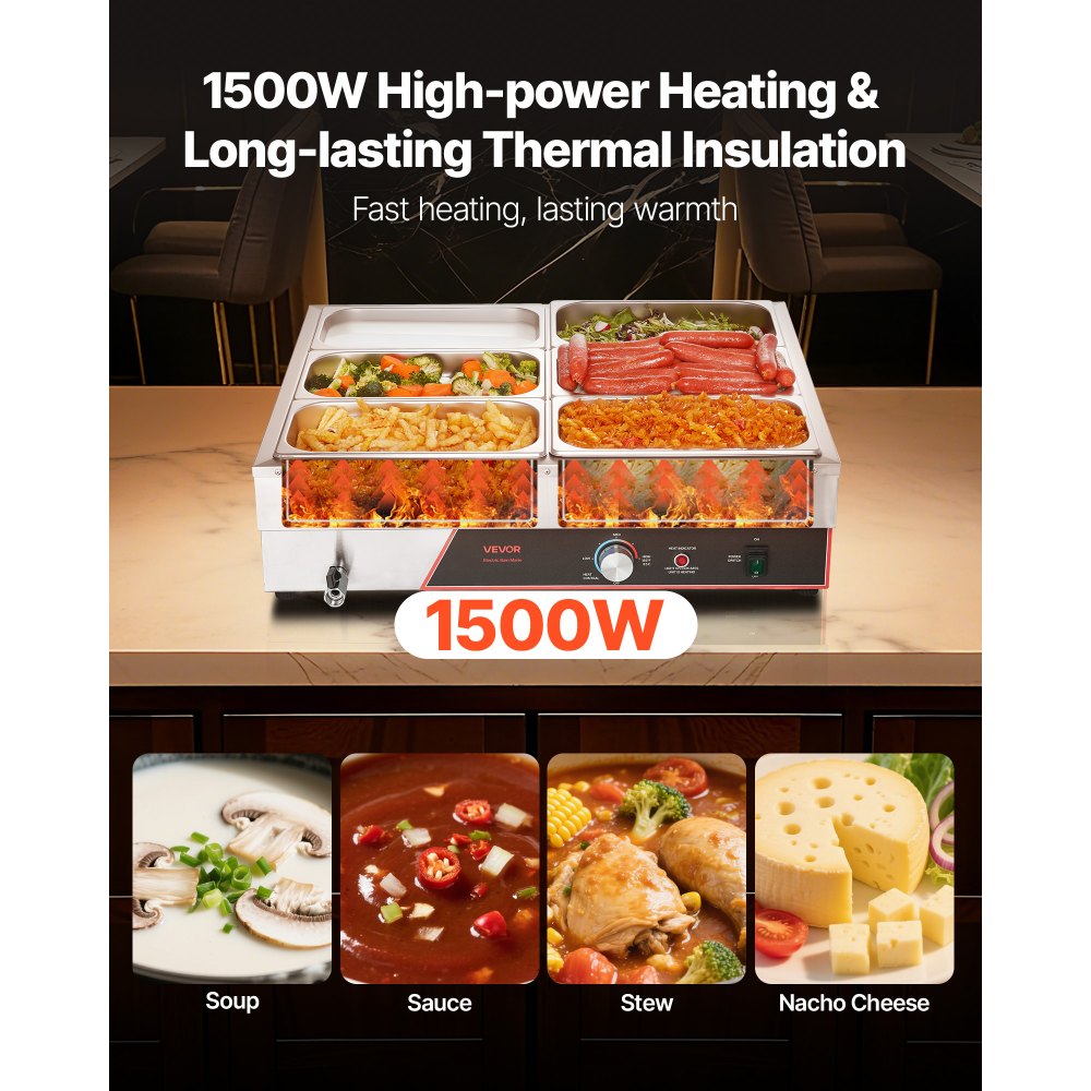 VEVOR Commerciële Voedselwarmer met 6 Containers (1/3 formaat) & Netsnoer, 1500W Roestvrijstalen Buffetwarmer, Buffetcontainers, Buffet Waterbad Voedselwarmer voor Restaurants, Feesten en Buffetten