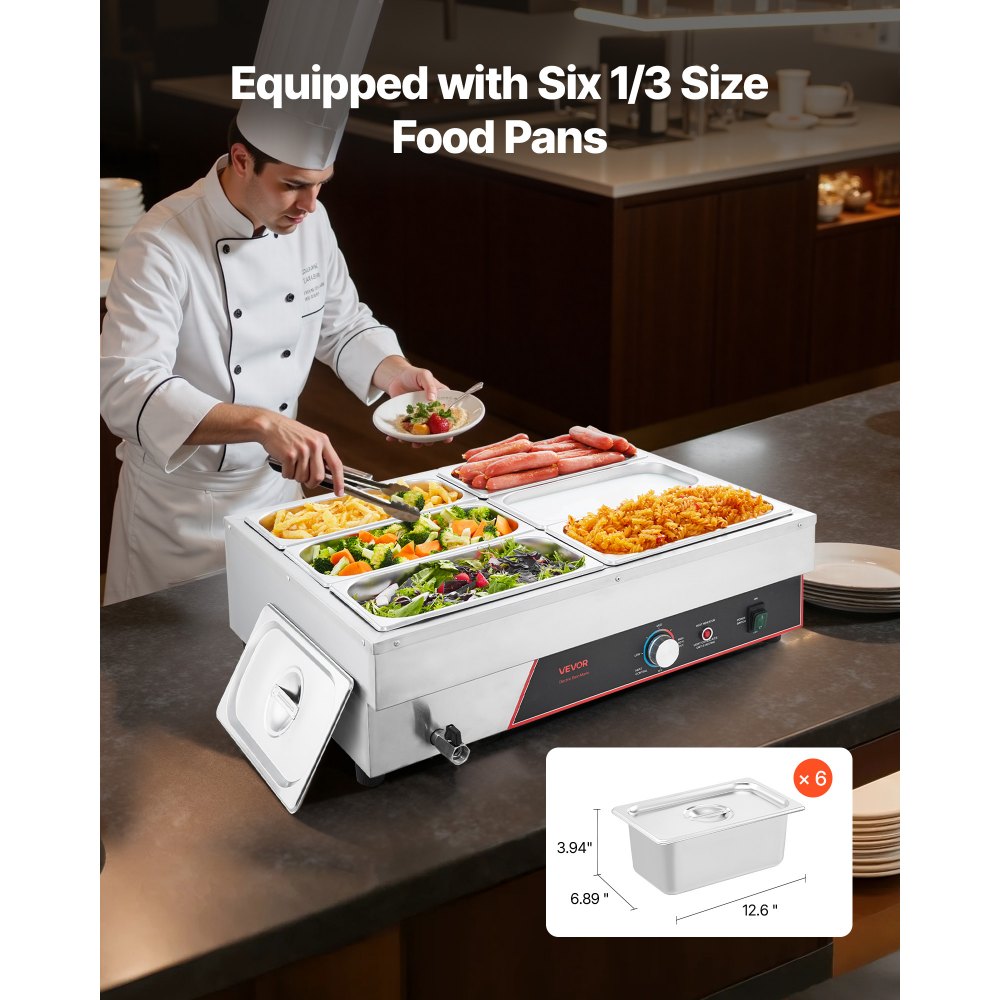 VEVOR Commerciële Voedselwarmer met 6 Containers (1/3 formaat) & Netsnoer, 1500W Roestvrijstalen Buffetwarmer, Buffetcontainers, Buffet Waterbad Voedselwarmer voor Restaurants, Feesten en Buffetten