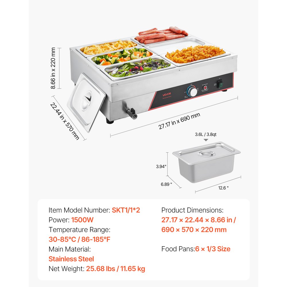 VEVOR Commerciële Voedselwarmer met 6 Containers (1/3 formaat) & Netsnoer, 1500W Roestvrijstalen Buffetwarmer, Buffetcontainers, Buffet Waterbad Voedselwarmer voor Restaurants, Feesten en Buffetten