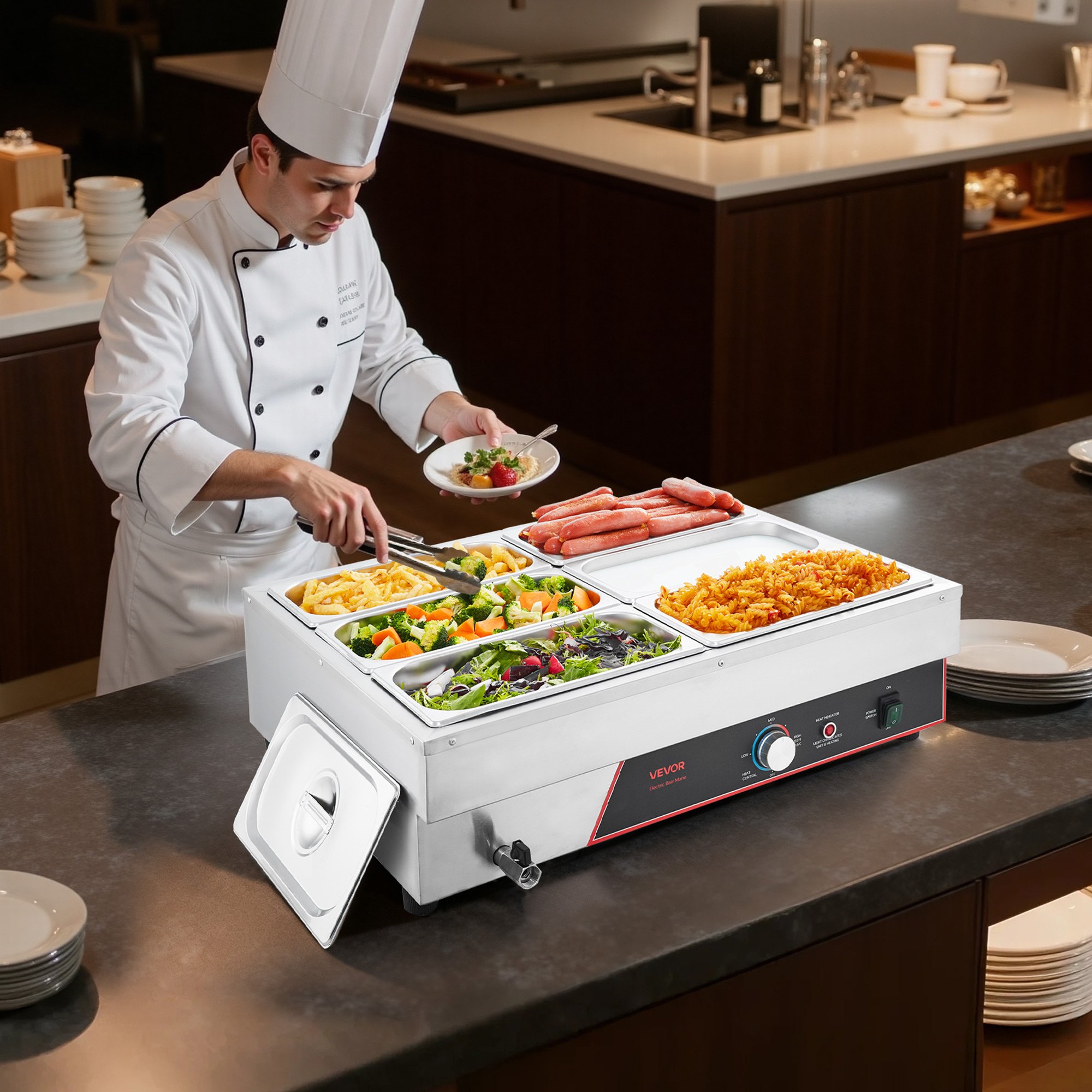 VEVOR Commerciële Voedselwarmer met 6 Containers (1/3 formaat) & Netsnoer, 1500W Roestvrijstalen Buffetwarmer, Buffetcontainers, Buffet Waterbad Voedselwarmer voor Restaurants, Feesten en Buffetten