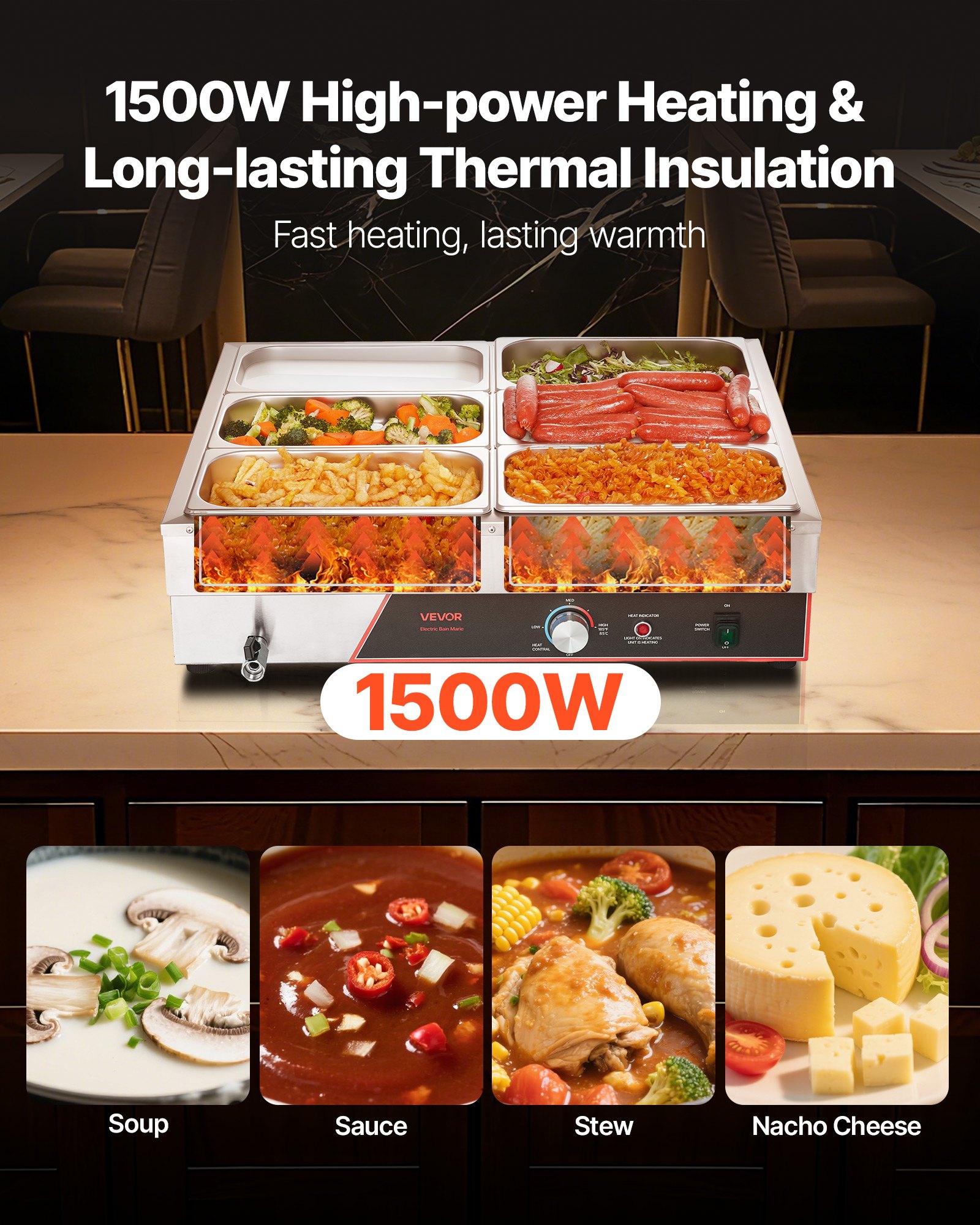 VEVOR Commerciële Voedselwarmer met 6 Containers (1/3 formaat) & Netsnoer, 1500W Roestvrijstalen Buffetwarmer, Buffetcontainers, Buffet Waterbad Voedselwarmer voor Restaurants, Feesten en Buffetten